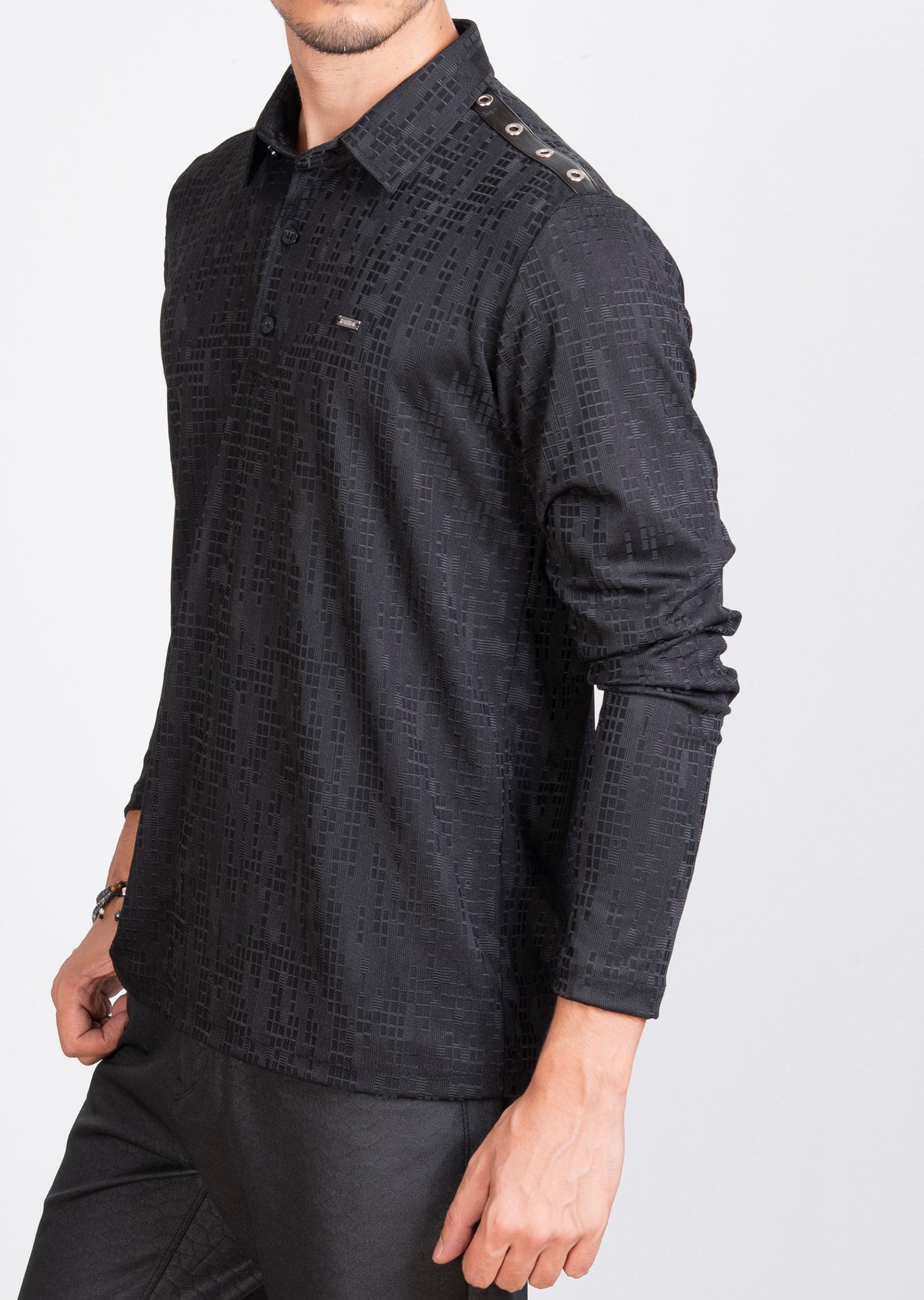 Kuş Gözü Detaylı Polo Yaka Siyah Sweatshirt