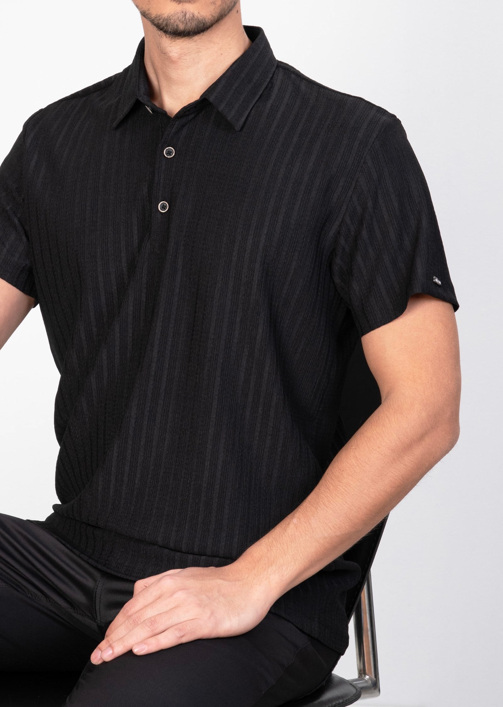 Mondo Jakarlı Siyah Polo Yaka T-Shirt