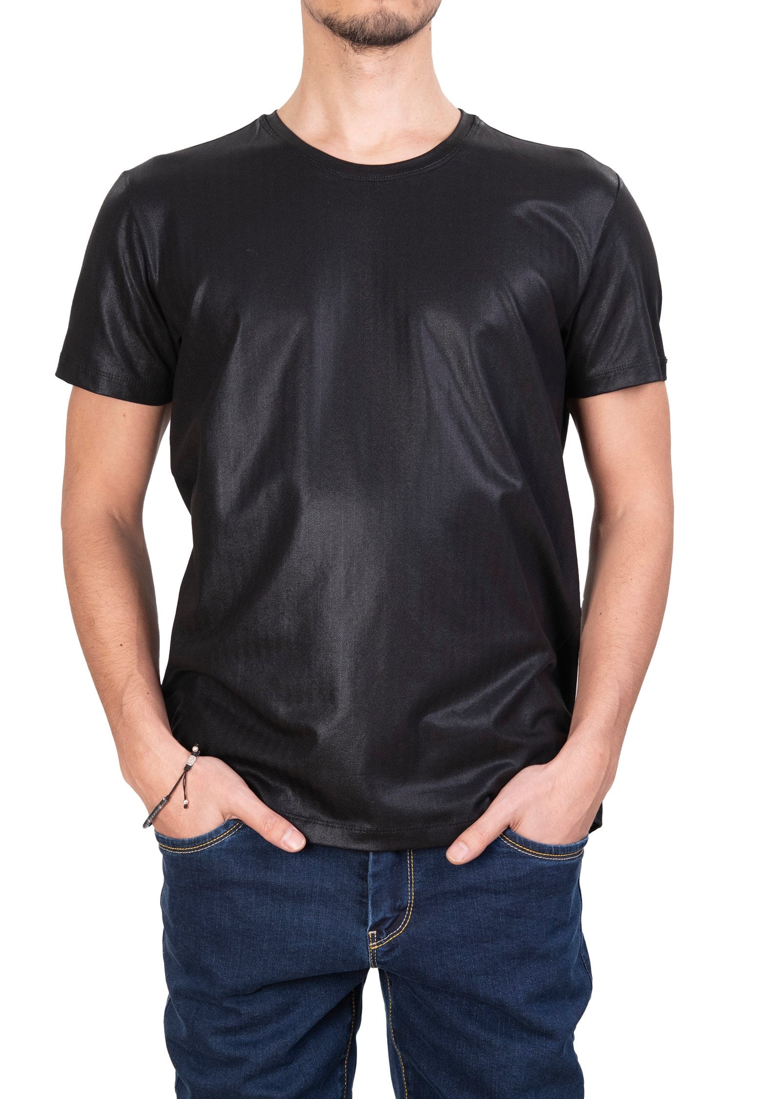 Mondo Parlak Siyah Bisiklet Yaka T-Shirt