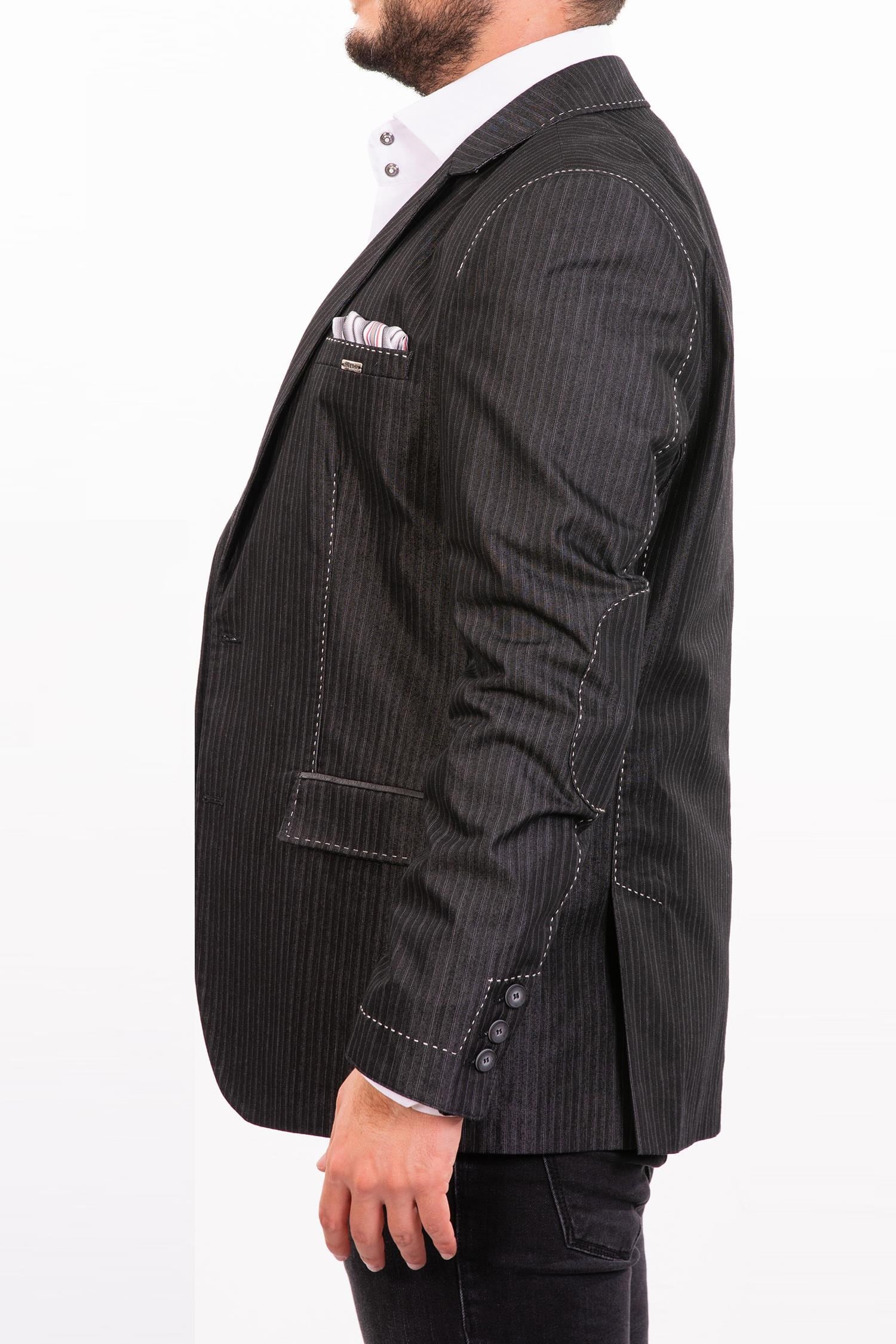 Siyah Çizgili Beyaz Nakışlı Blazer Ceket