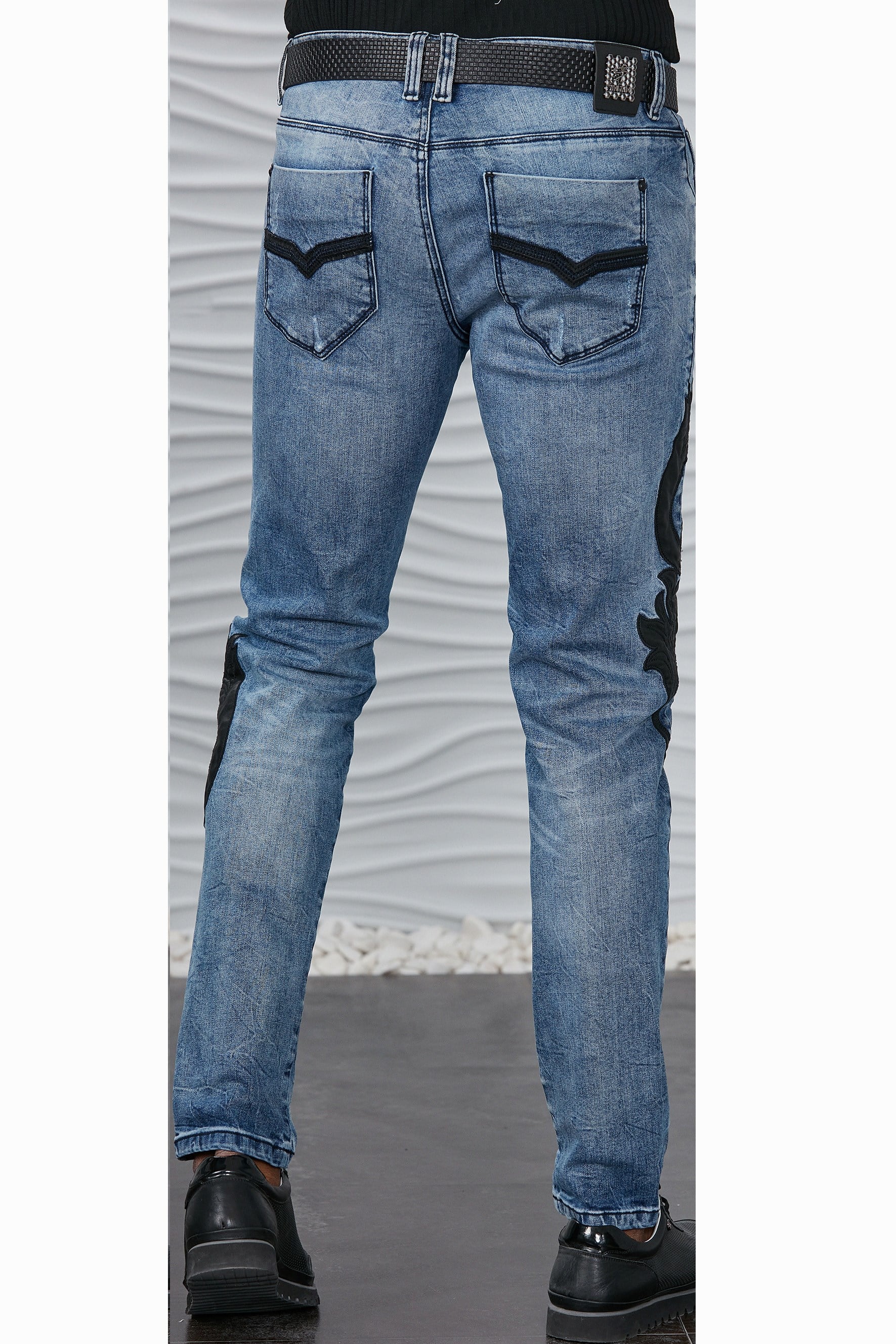 Siyah Deri Motifli Jean Pantolon