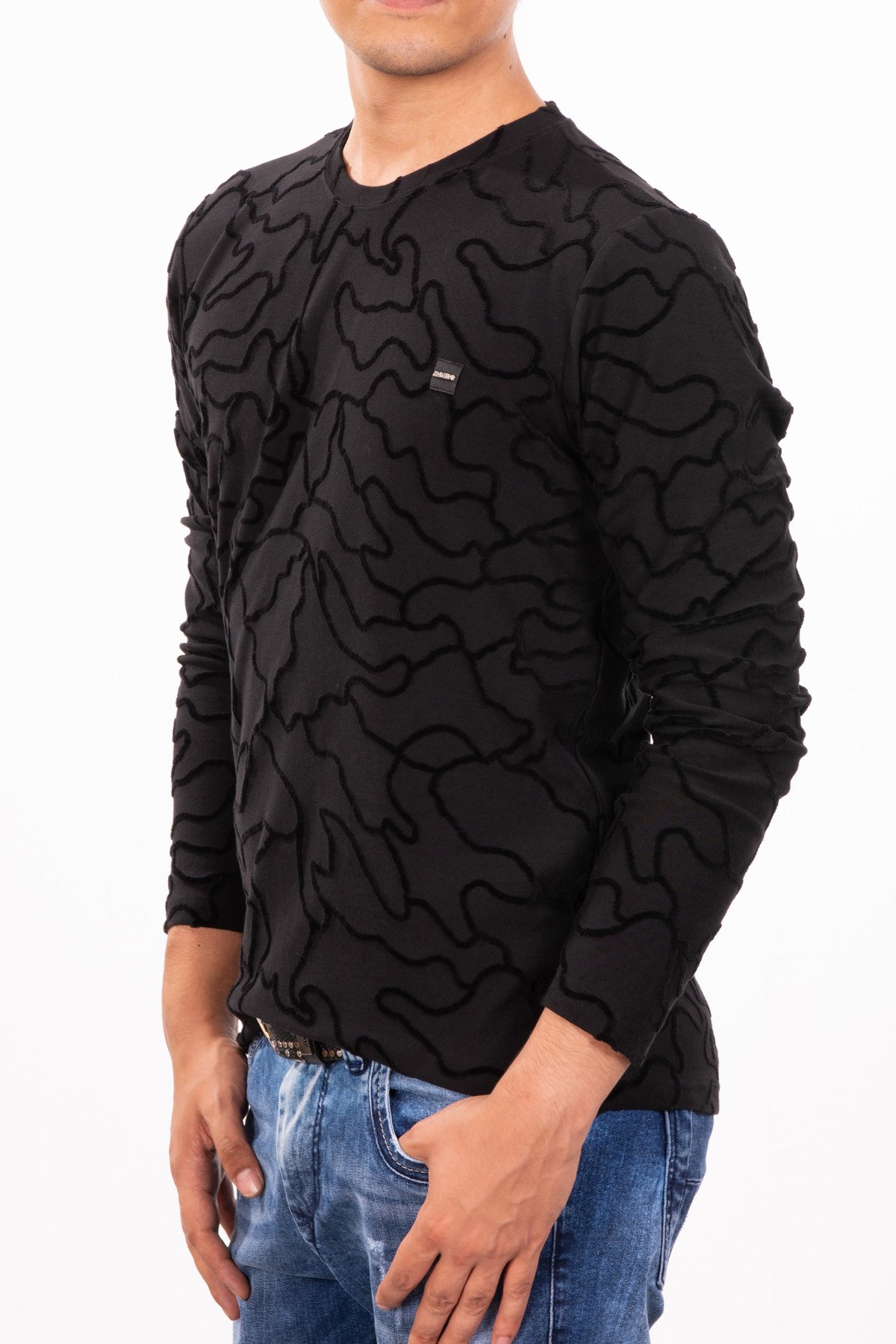 Siyah Eğri Dokuma Örgü Sweatshirt