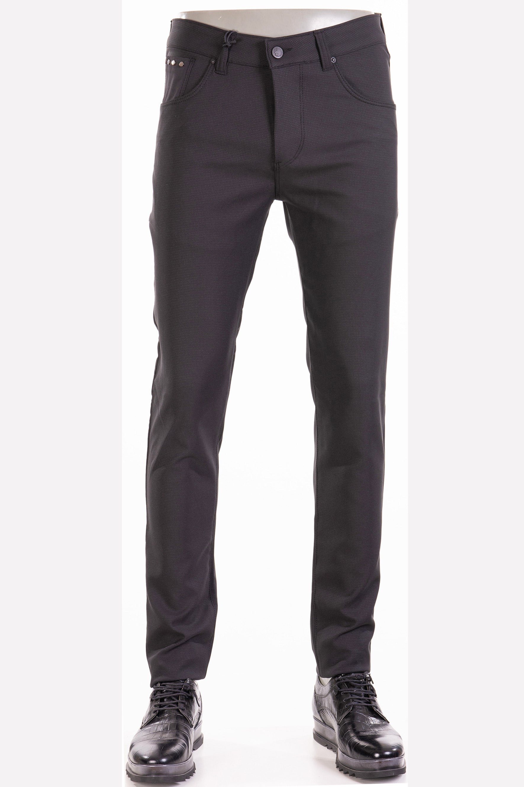 Siyah Mini Kareli Metal Cep Detaylı Klasik Pantolon
