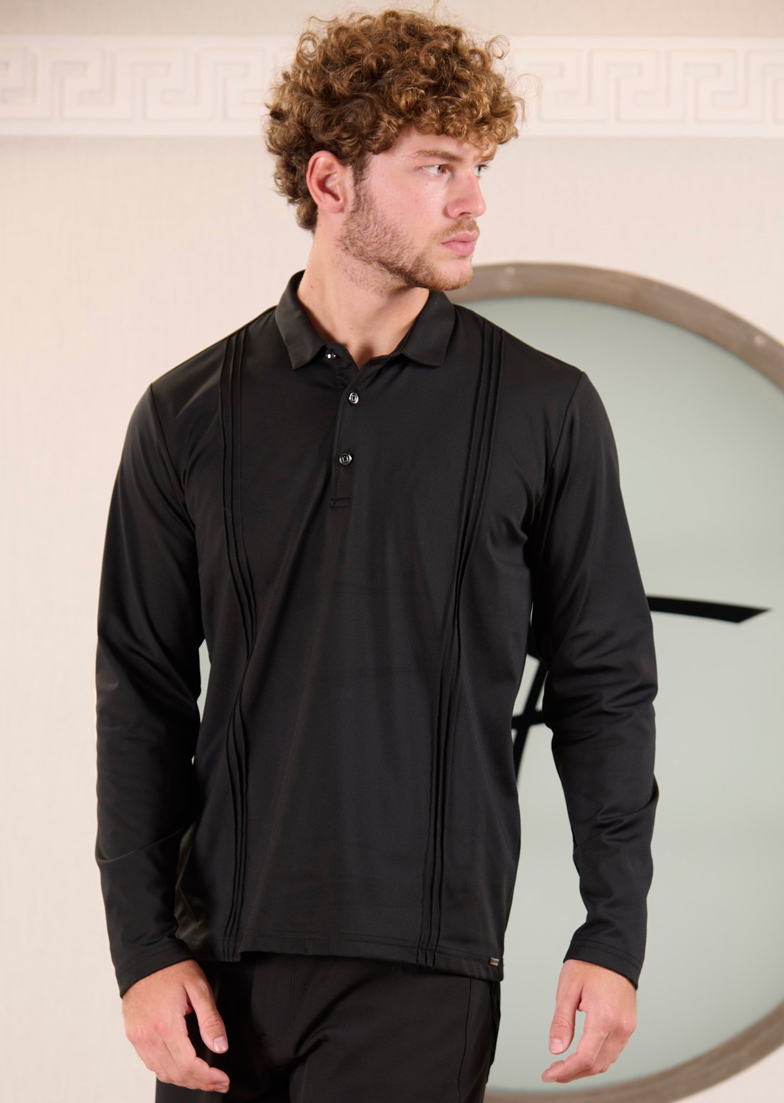 Siyah Polo Yaka Nervürlü Şardonlu Dalgıç Sweatshirt