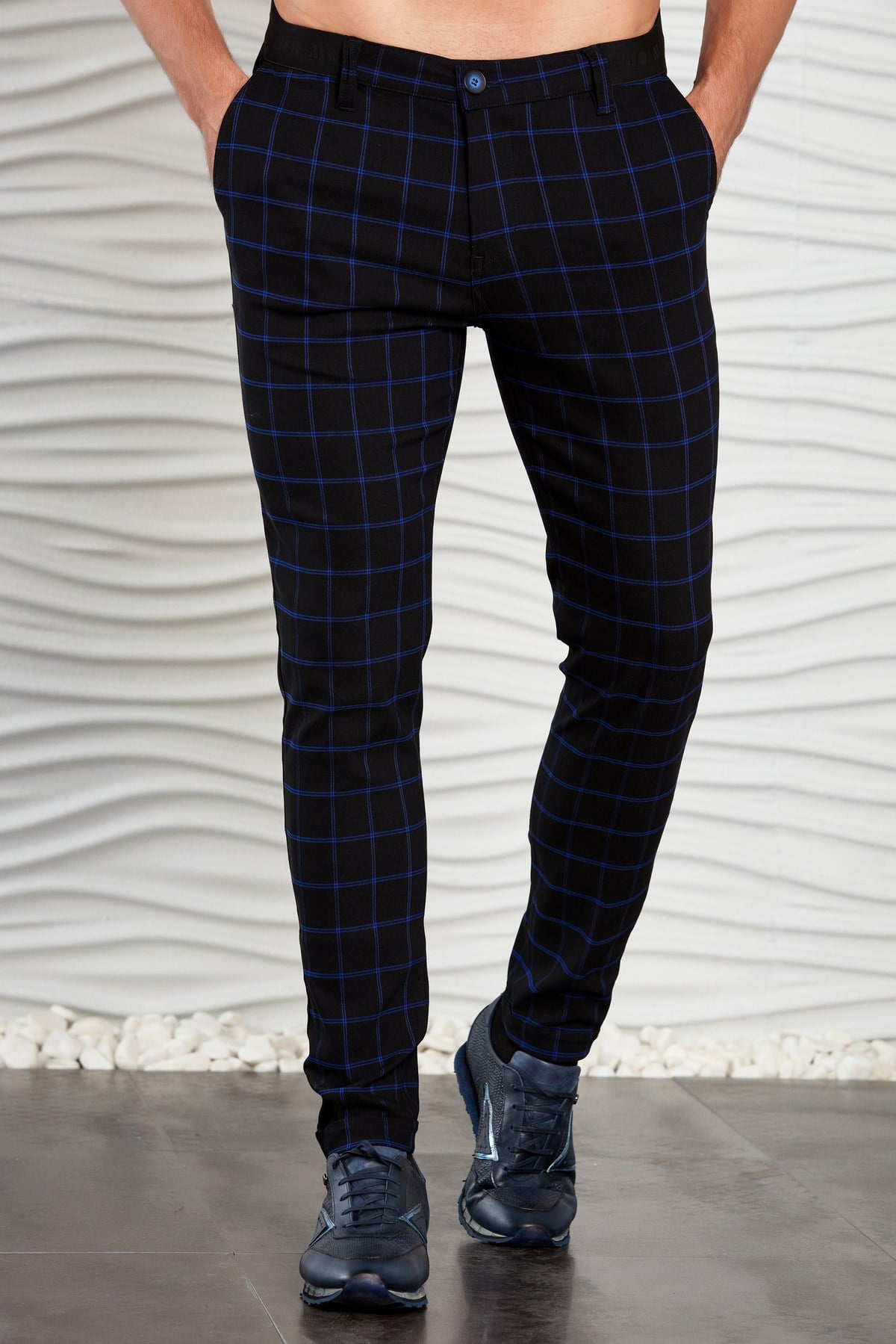 Siyah-Saks Kareli Beli Lastikli Slim Fit Pantolon