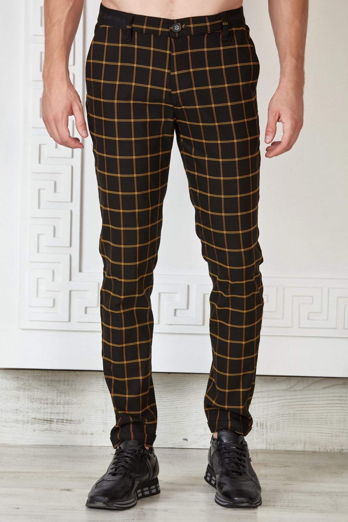 Siyah-Saks Kareli Beli Lastikli Slim Fit Pantolon