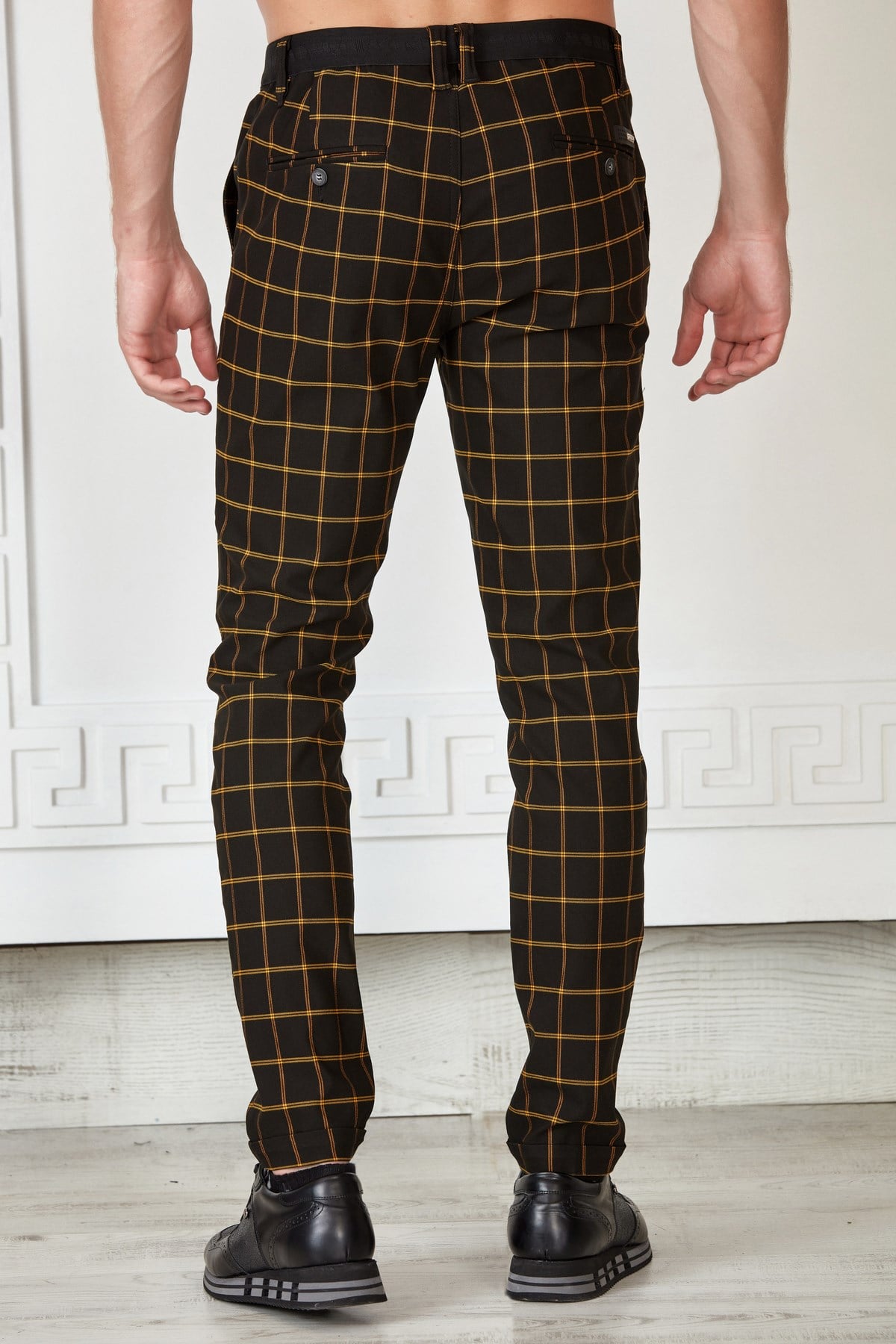 Siyah-Saks Kareli Beli Lastikli Slim Fit Pantolon