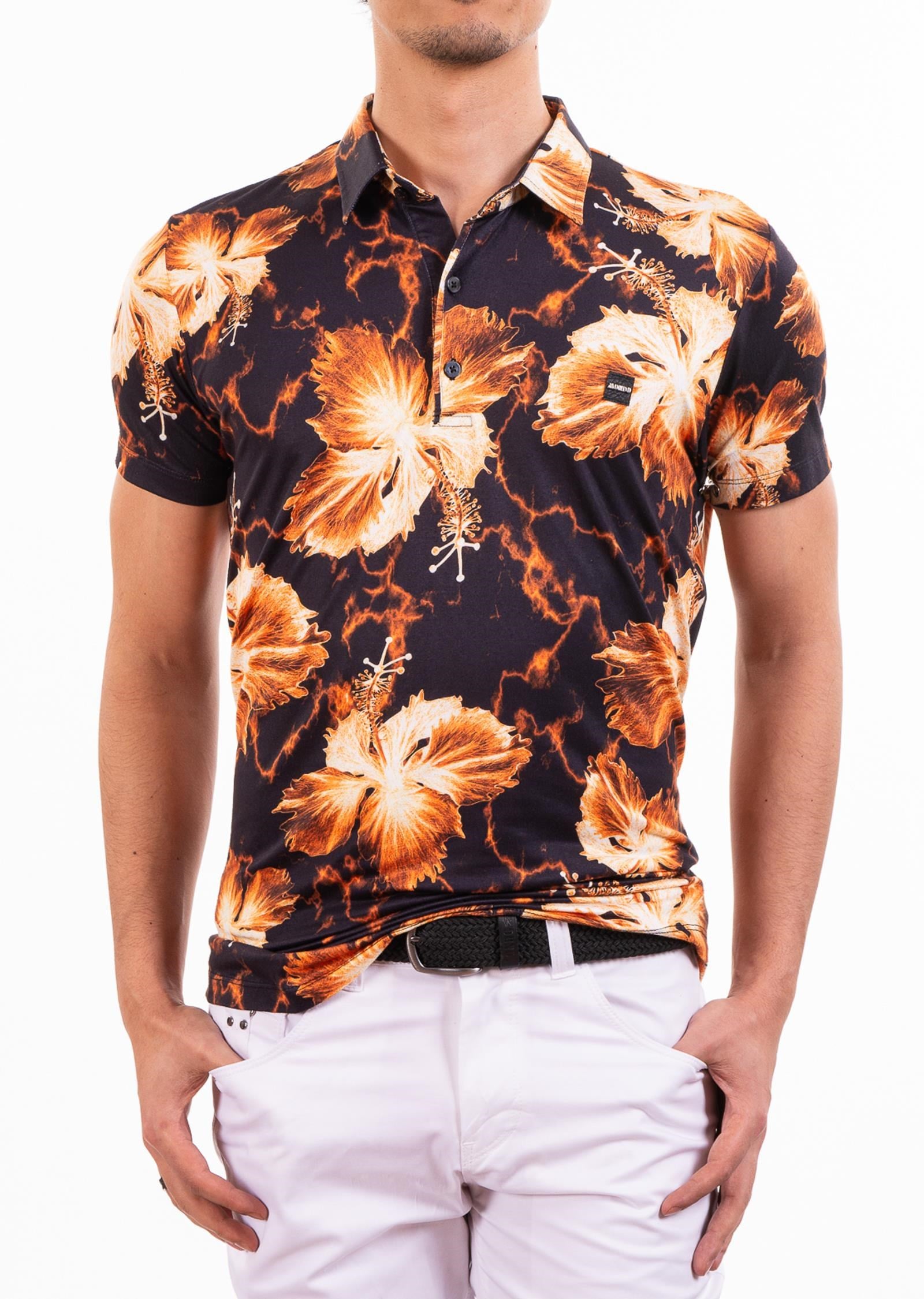 Siyah Turuncu Çiçek Desenli Polo Yaka T-Shirt