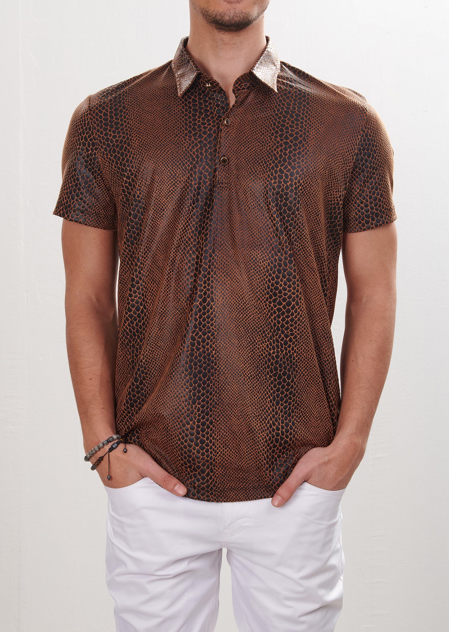 Yılan Derisi Desenli Polo Yaka T-Shirt