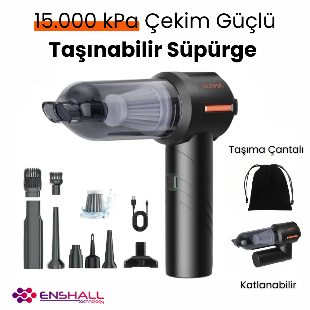 Enshall Profesyonel Ultra Çekim Güçlü Mini Araç Süpürgesi Siyah