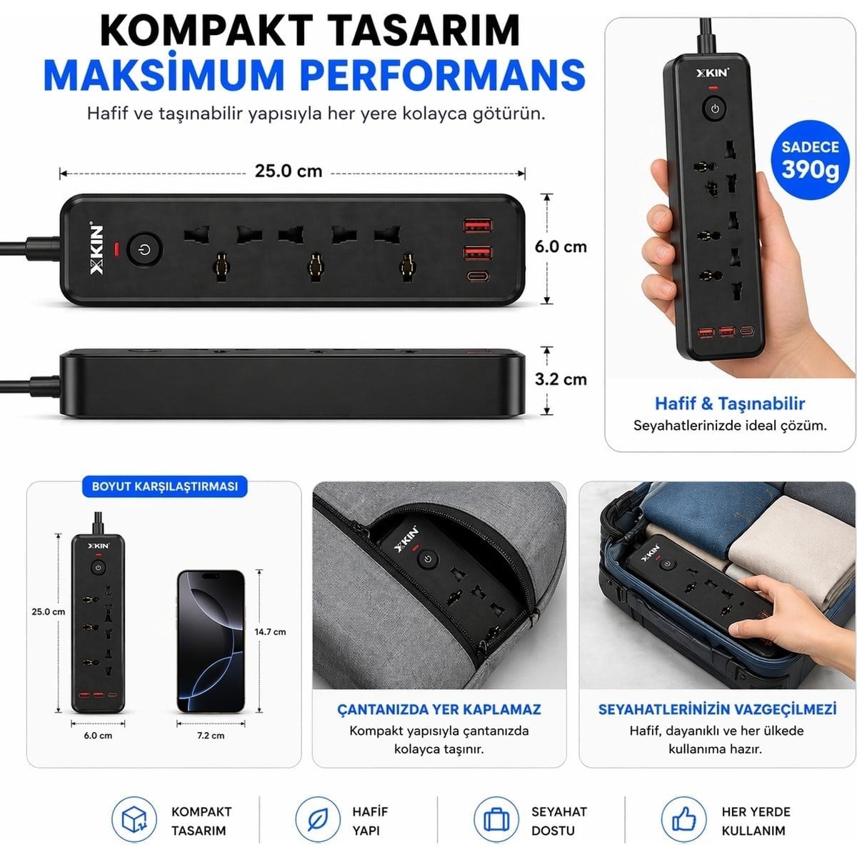 Bychie Xkin 2500W Akım Korumalı Priz 6'lı USB-C PD 30W