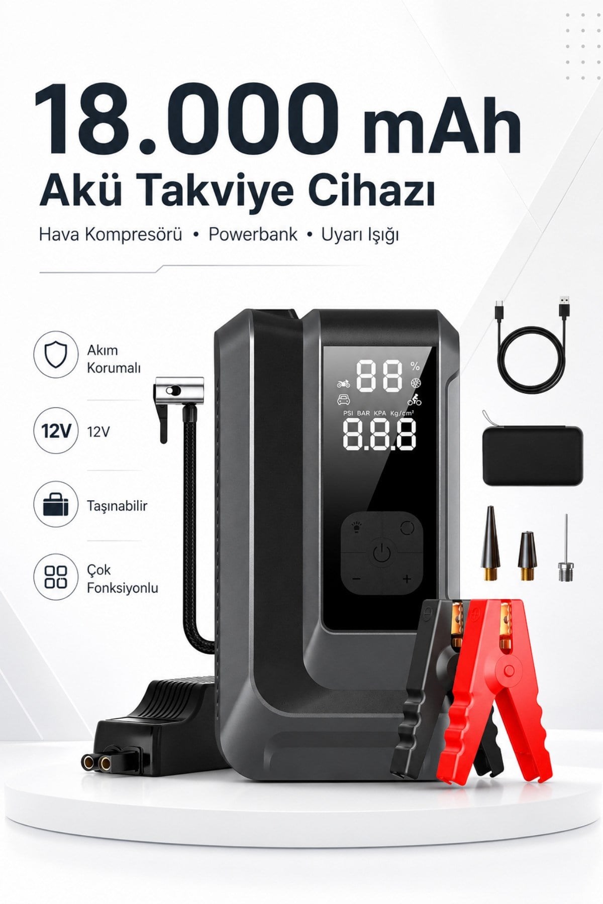 Laiser 18.000 mAh Akım Korumalı Akü Takviye Cihazı, Lastik Şişirme Pompası, Powerbank Özellikli LED Işıklı Kompresör