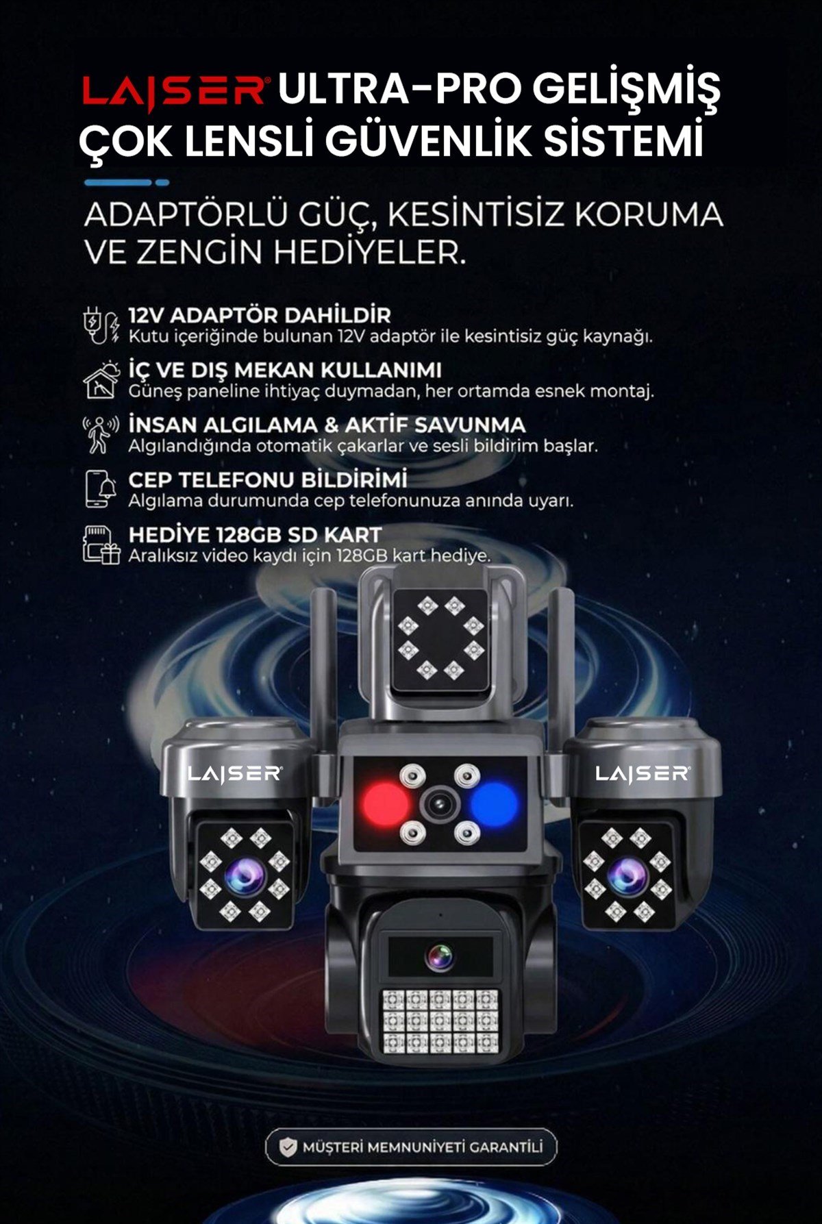 Laiser 4 Kameralı, 4G Sim Kartlı, Yıllık 180GB Turkcell İnternet ve 128GB SD Kart Dahil, Çakarlı, Sirenli