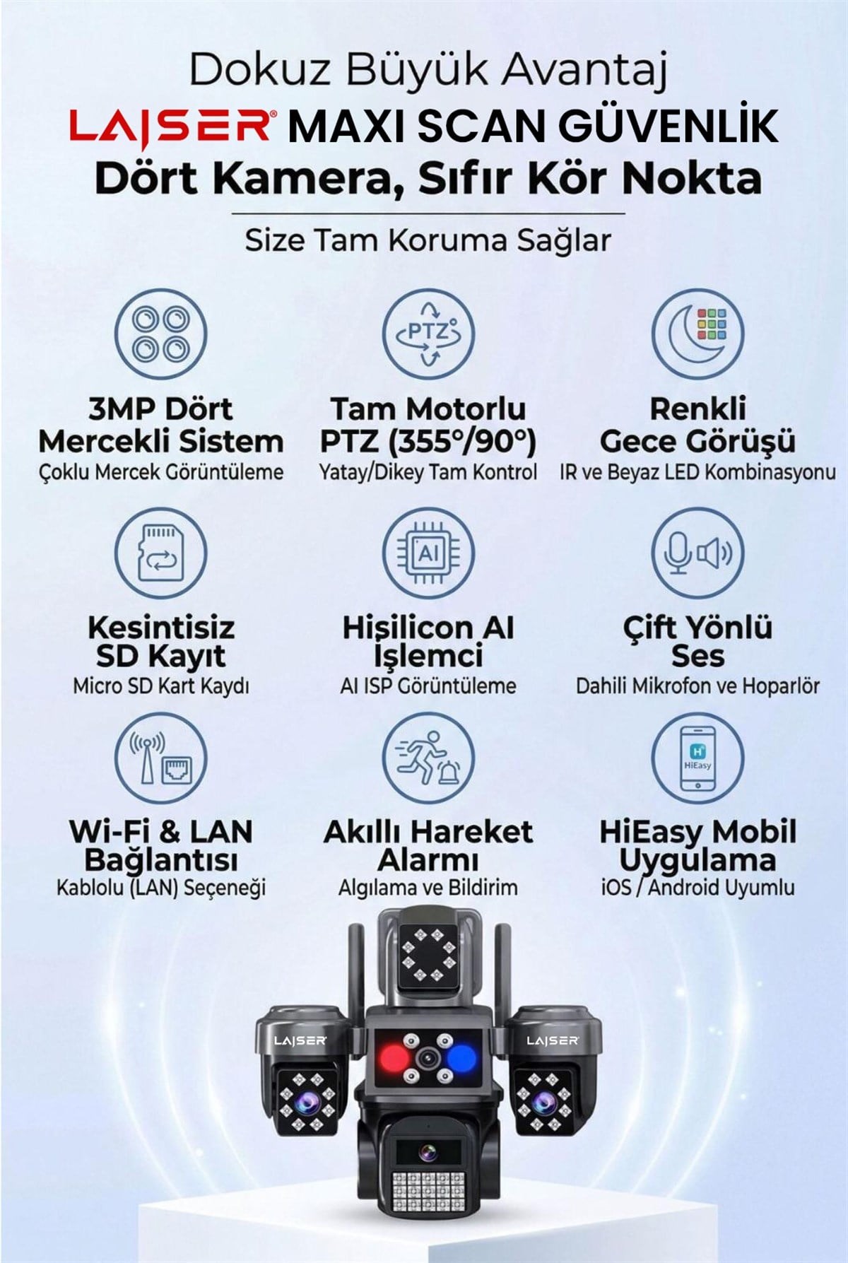 Laiser 4 Kameralı Wifi - MAXI Scan Pro - Çakarlı - 64 Kanal VMS Kablosuz Kamera
