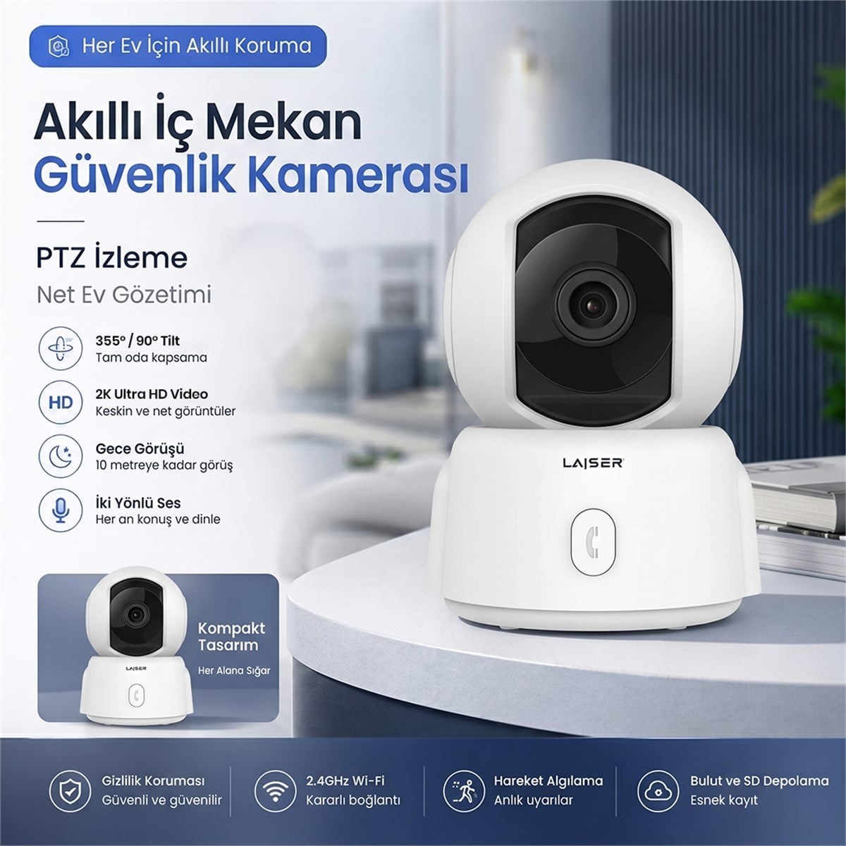 Laiser İndoor Bebek Evcil hayvan Ve Güvenlik Kamerası 2k PTZ Kamera
