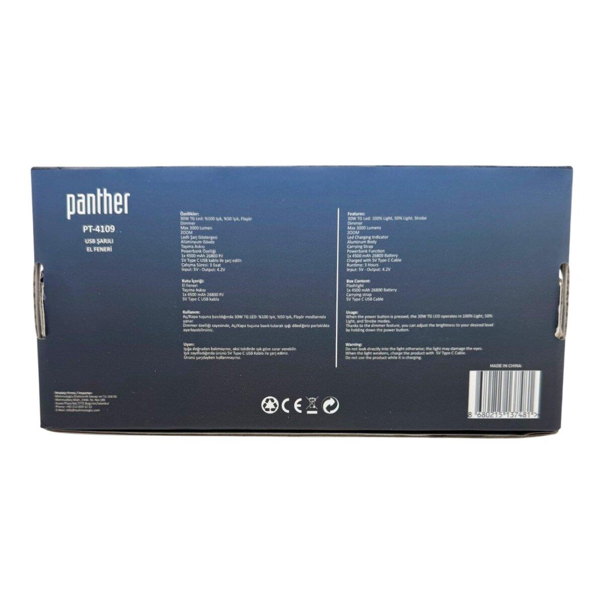 PANTHER PT-4109 USB ŞARJLI EL FENERİ