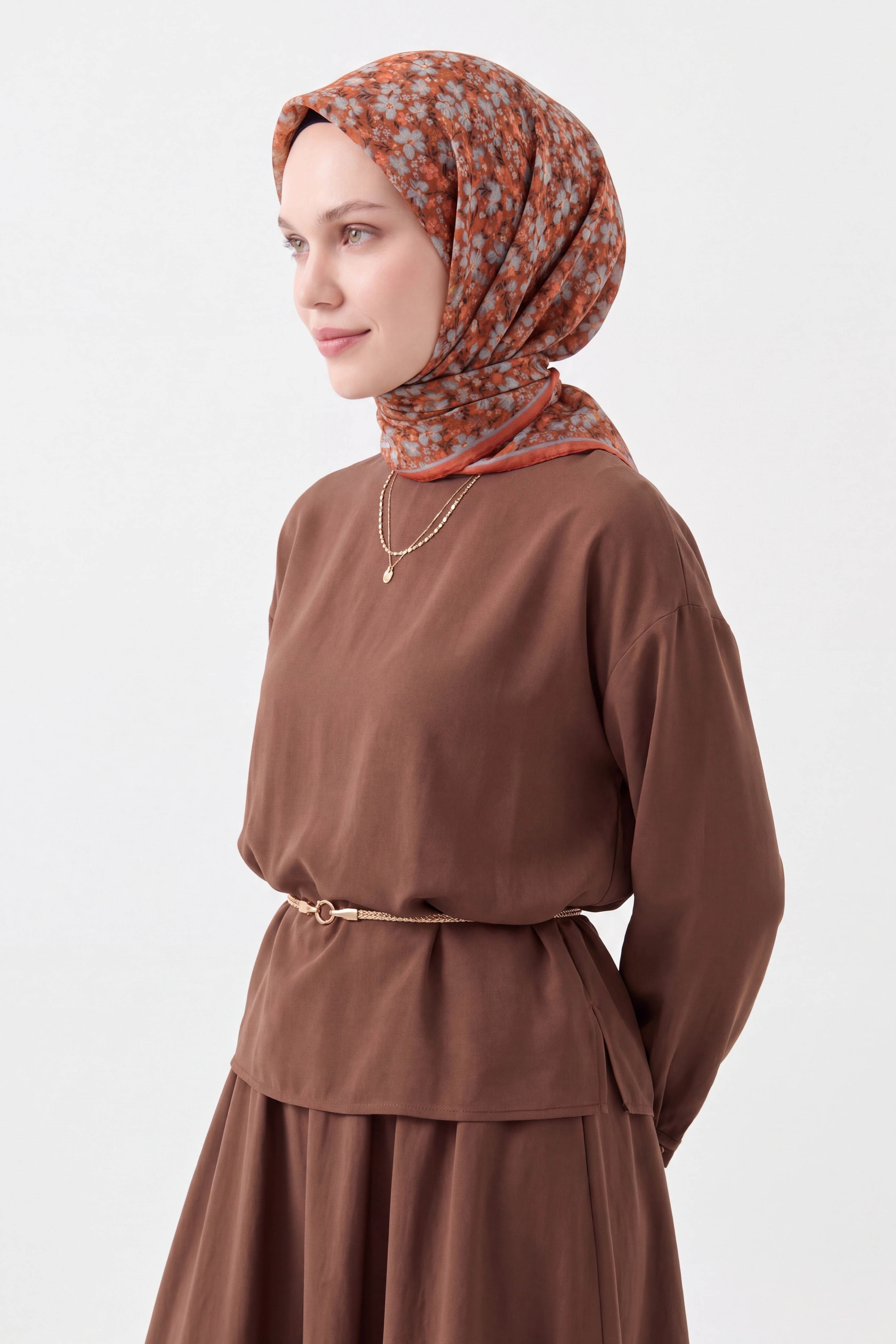 73168-14Soft Eşarp Mini Floral Koyu Turuncu