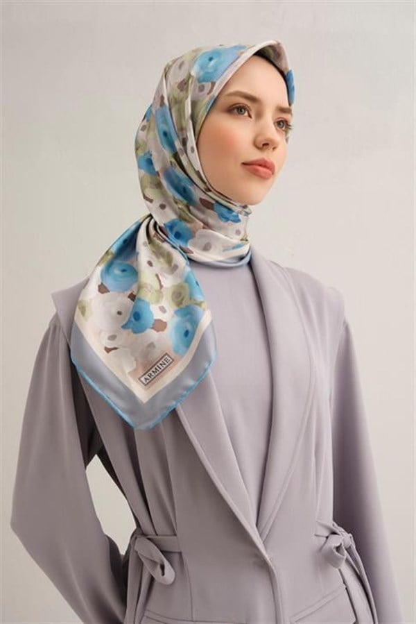 Armine Çiçek Desenli Saf İpek Twill Eşarp 9300D 83
