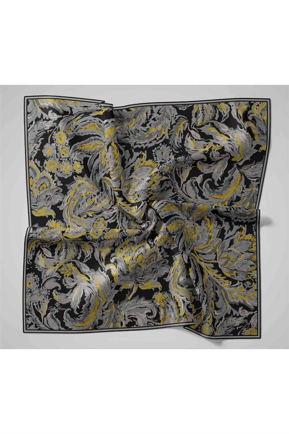 Büyük Boy İpek Eşarp Vintage Çiçek Desen Siyah 110x110