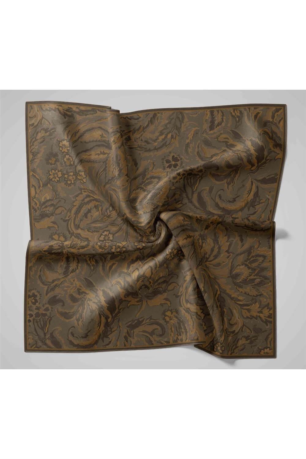 Büyük Boy İpek Eşarp Vintage Çiçek Desen Olive 110x110