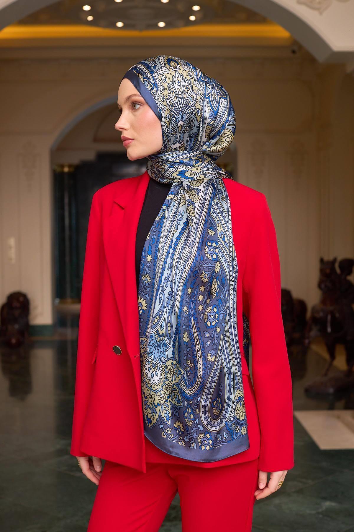 Çelik Mavi Hint Vual Şal -  5009-25