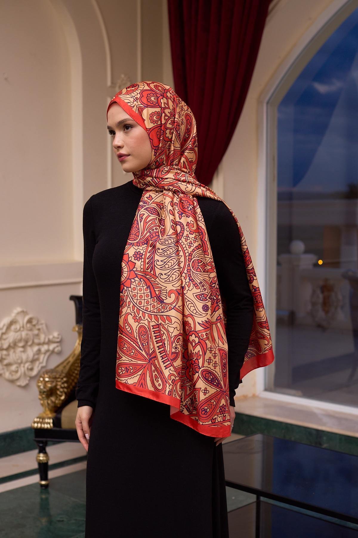 Desenli Vual Şal Altın Turuncu Vual İpek Şal -  9803-01