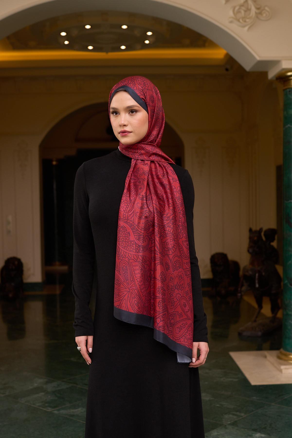 Desenli Vual Şal Bordo Vual İpek Şal -  9803-06