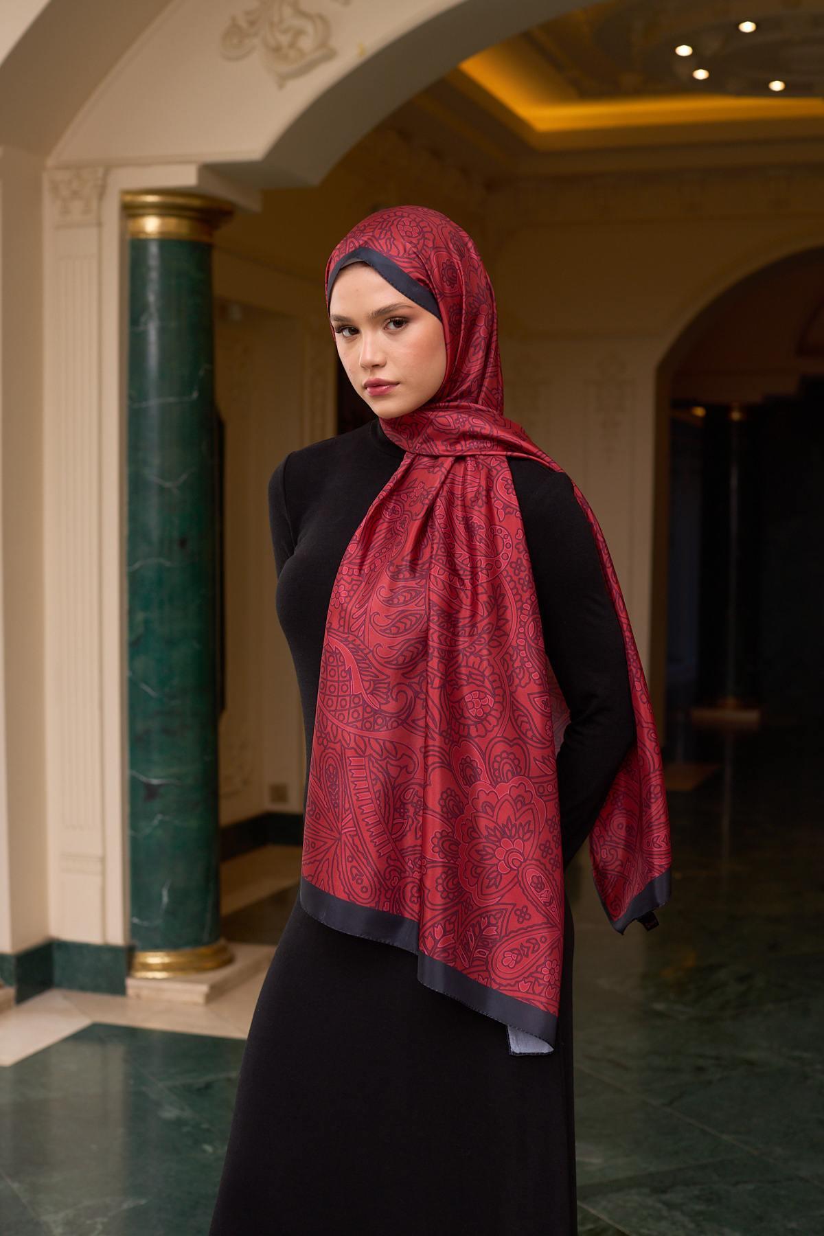 Desenli Vual Şal Bordo Vual İpek Şal -  9803-06