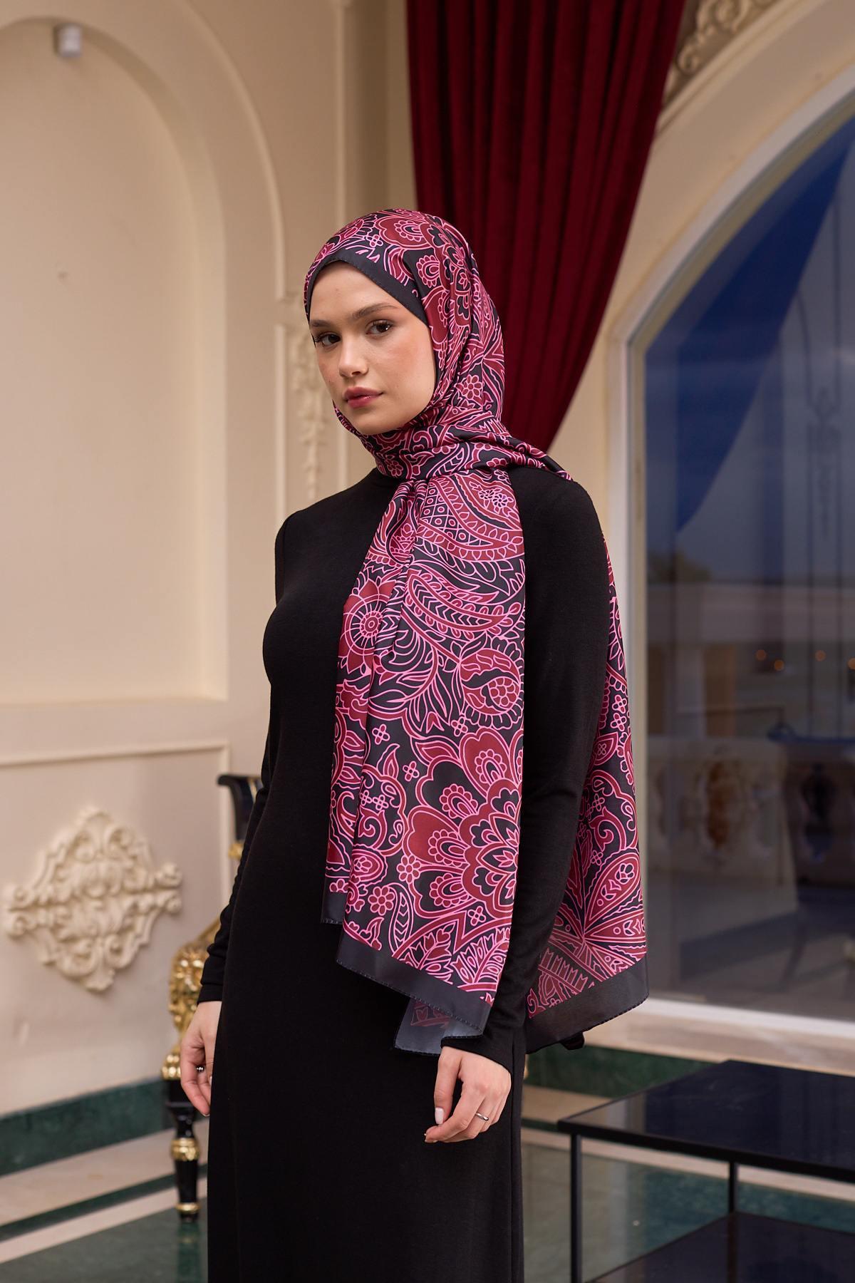 Desenli Vual Şal Fuşya Siyah Vual İpek Şal -  9803-08