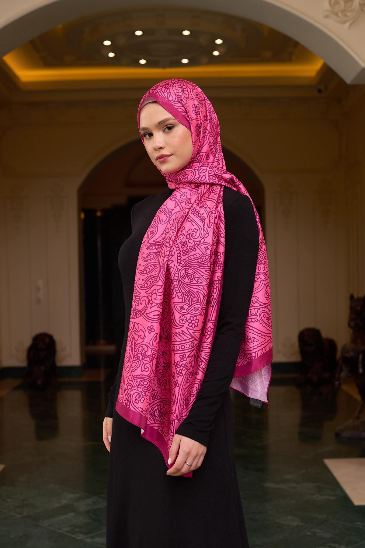 Desenli Vual Şal Fuşya Vual İpek Şal -  9803-07