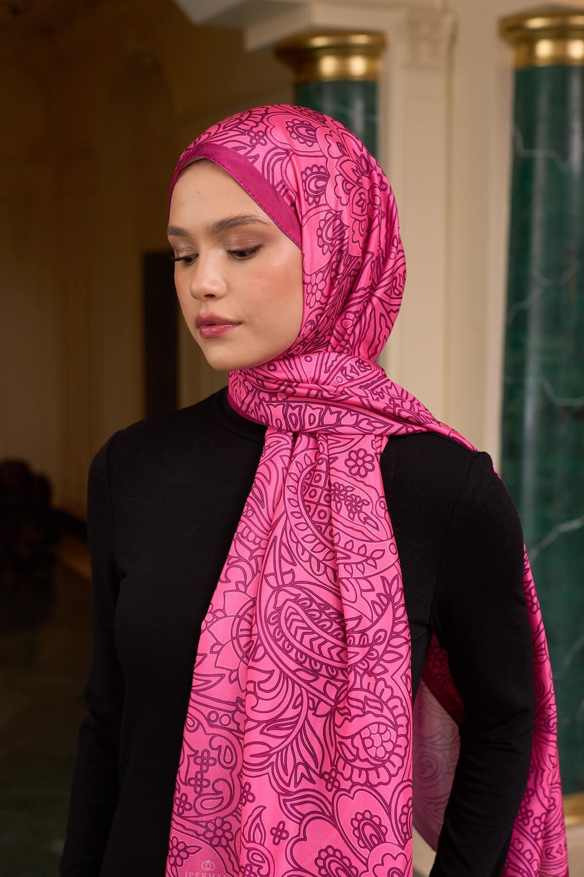 Desenli Vual Şal Fuşya Vual İpek Şal -  9803-07