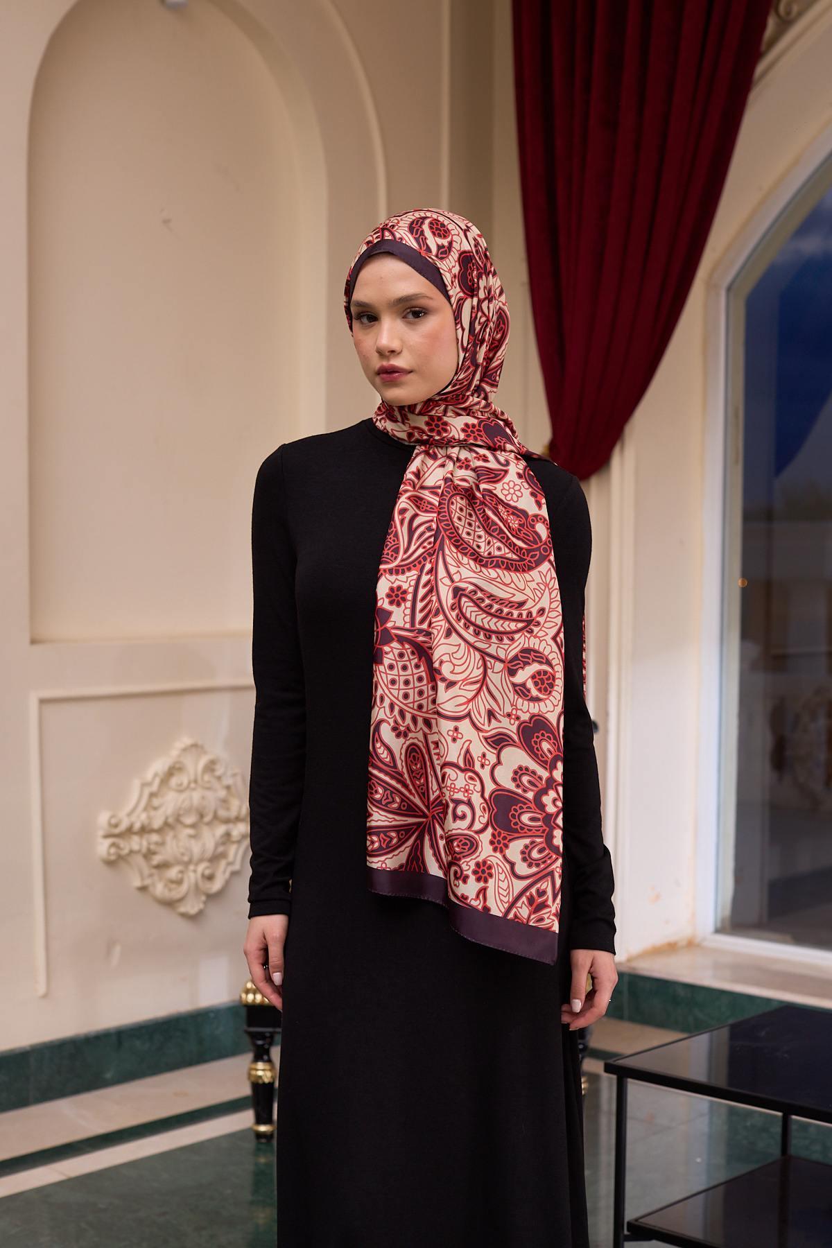 Desenli Vual Şal Krem Kırmızı Vual İpek Şal -  9803-10