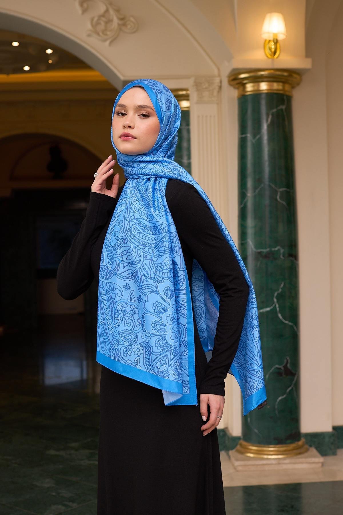 Desenli Vual Şal Mavi Vual İpek Şal -  9803-15