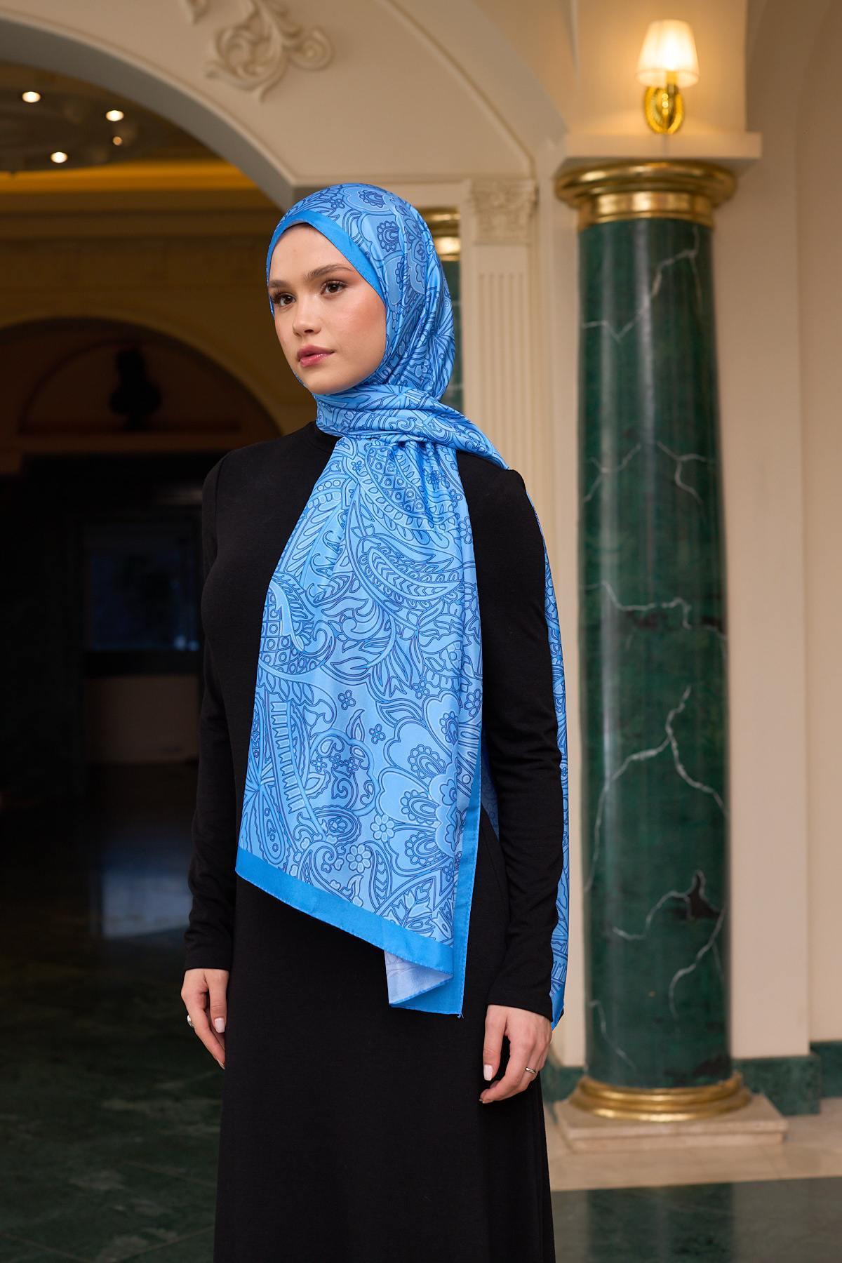 Desenli Vual Şal Mavi Vual İpek Şal -  9803-15