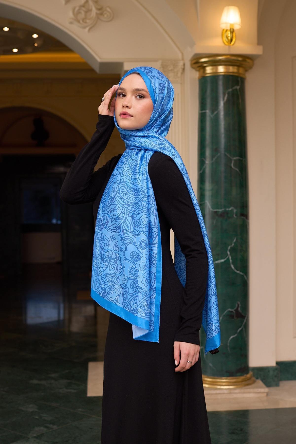 Desenli Vual Şal Mavi Vual İpek Şal -  9803-15