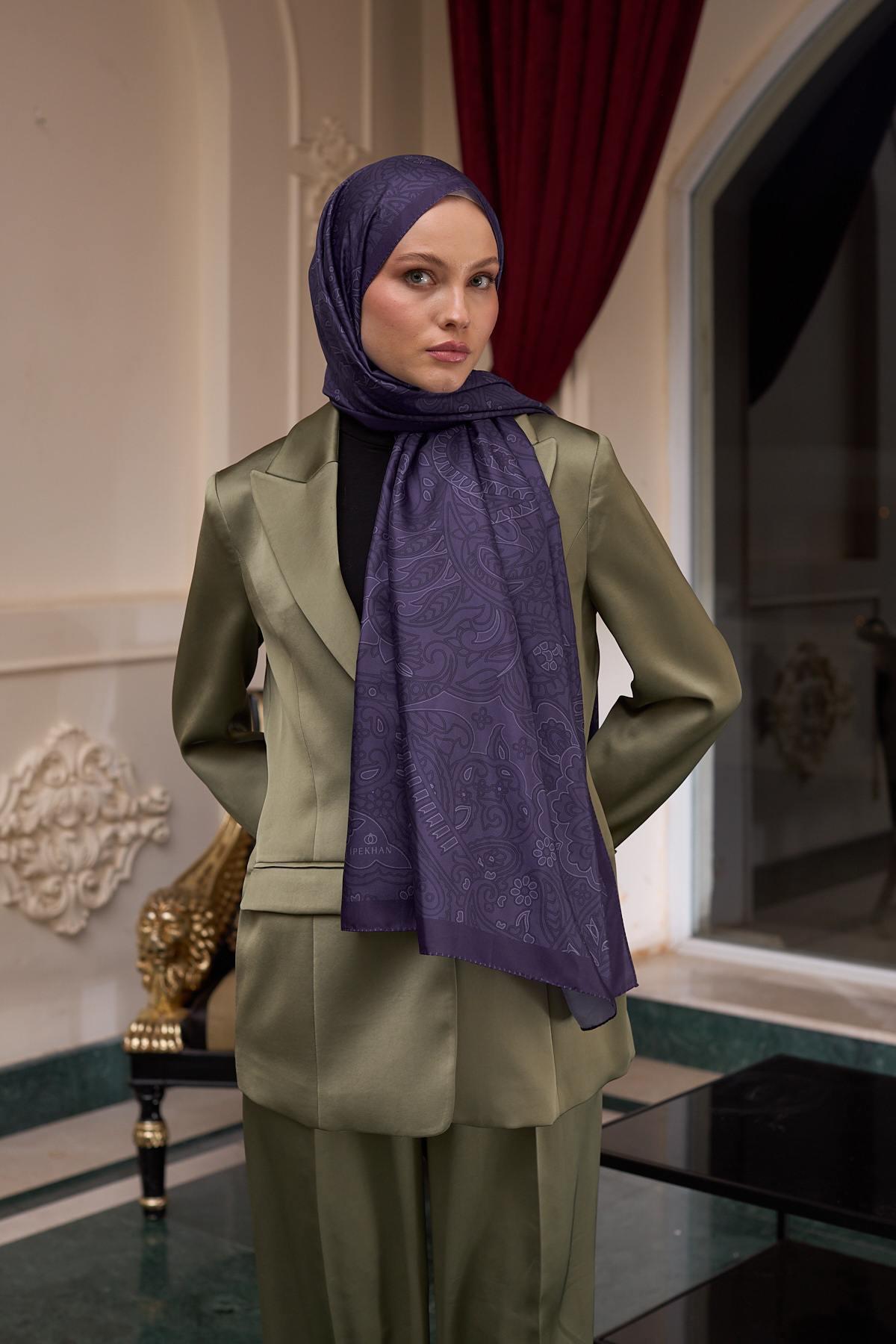 Desenli Vual Şal Mor Vual İpek Şal -  9803-16