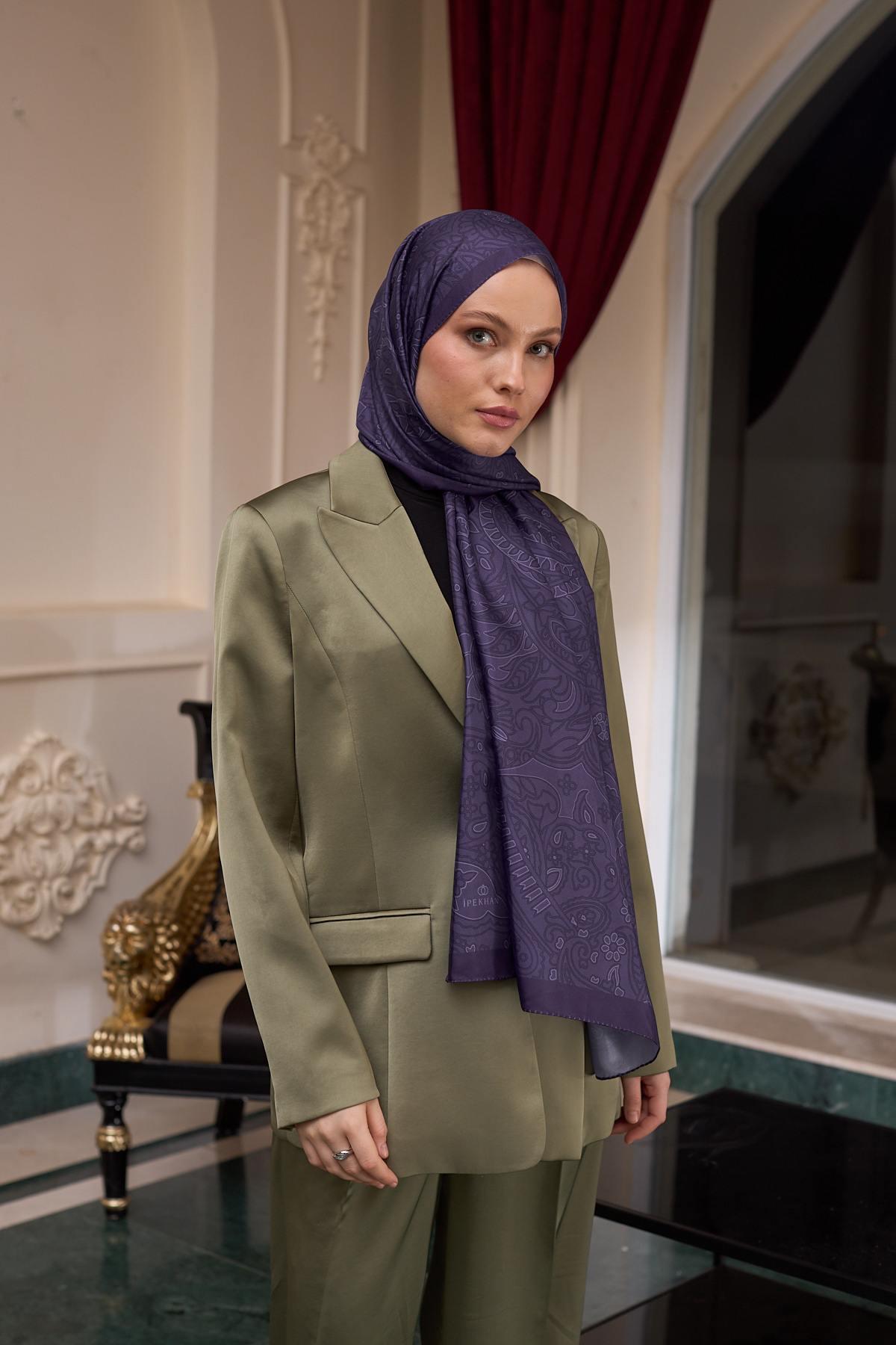 Desenli Vual Şal Mor Vual İpek Şal -  9803-16