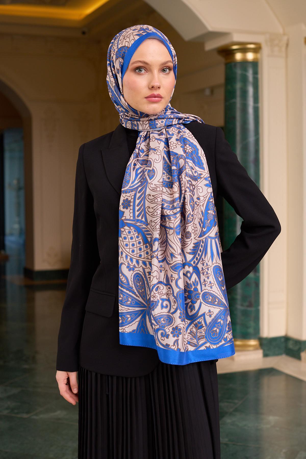 Desenli Vual Şal Saks Beyaz Vual İpek Şal -  9803-23