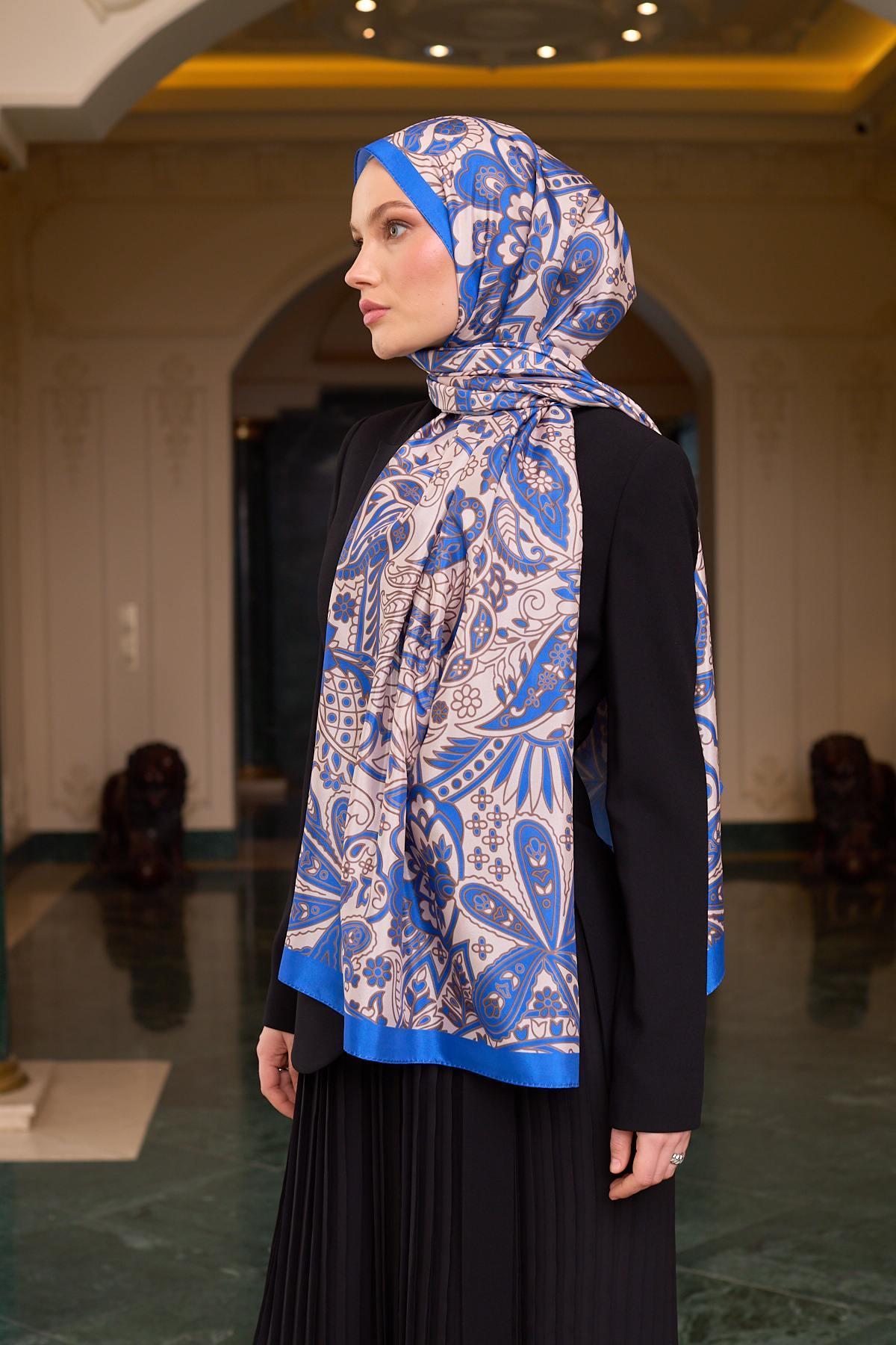 Desenli Vual Şal Saks Beyaz Vual İpek Şal -  9803-23