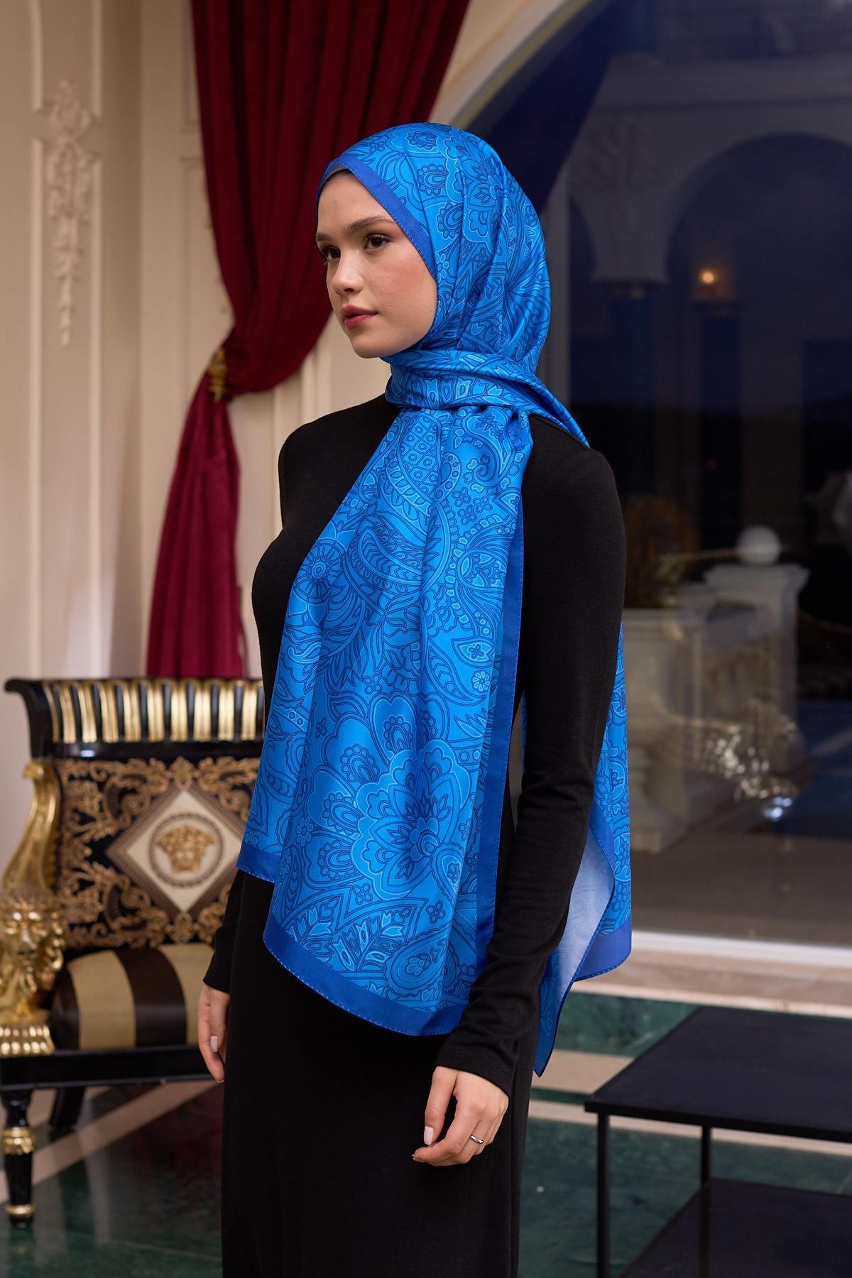 Desenli Vual Şal Saks Vual İpek Şal -  9803-22