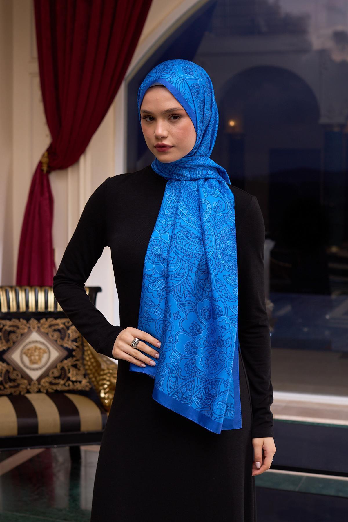 Desenli Vual Şal Saks Vual İpek Şal -  9803-22