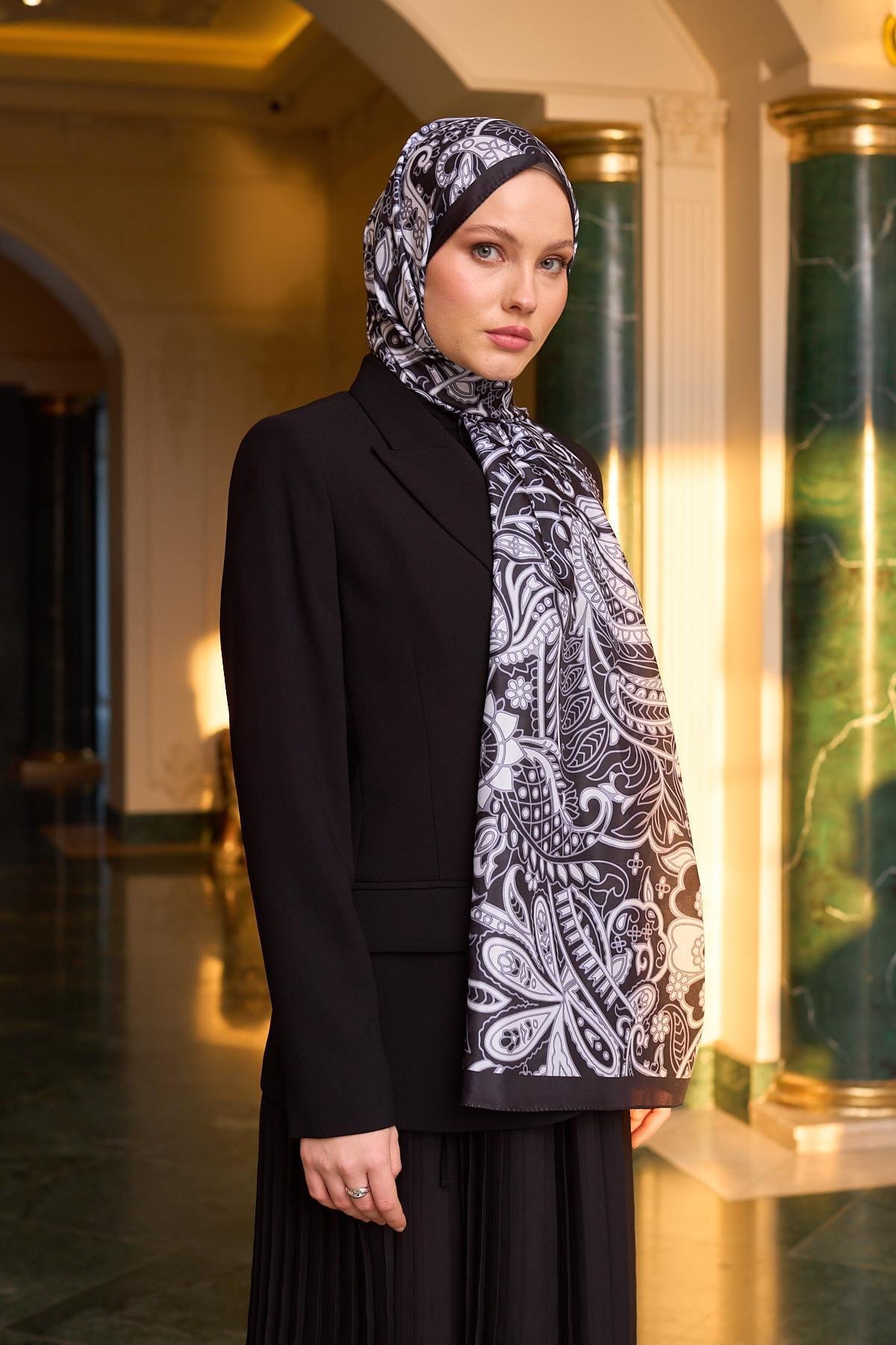 Desenli Vual Şal Siyah Beyaz Vual İpek Şal -  9803-24