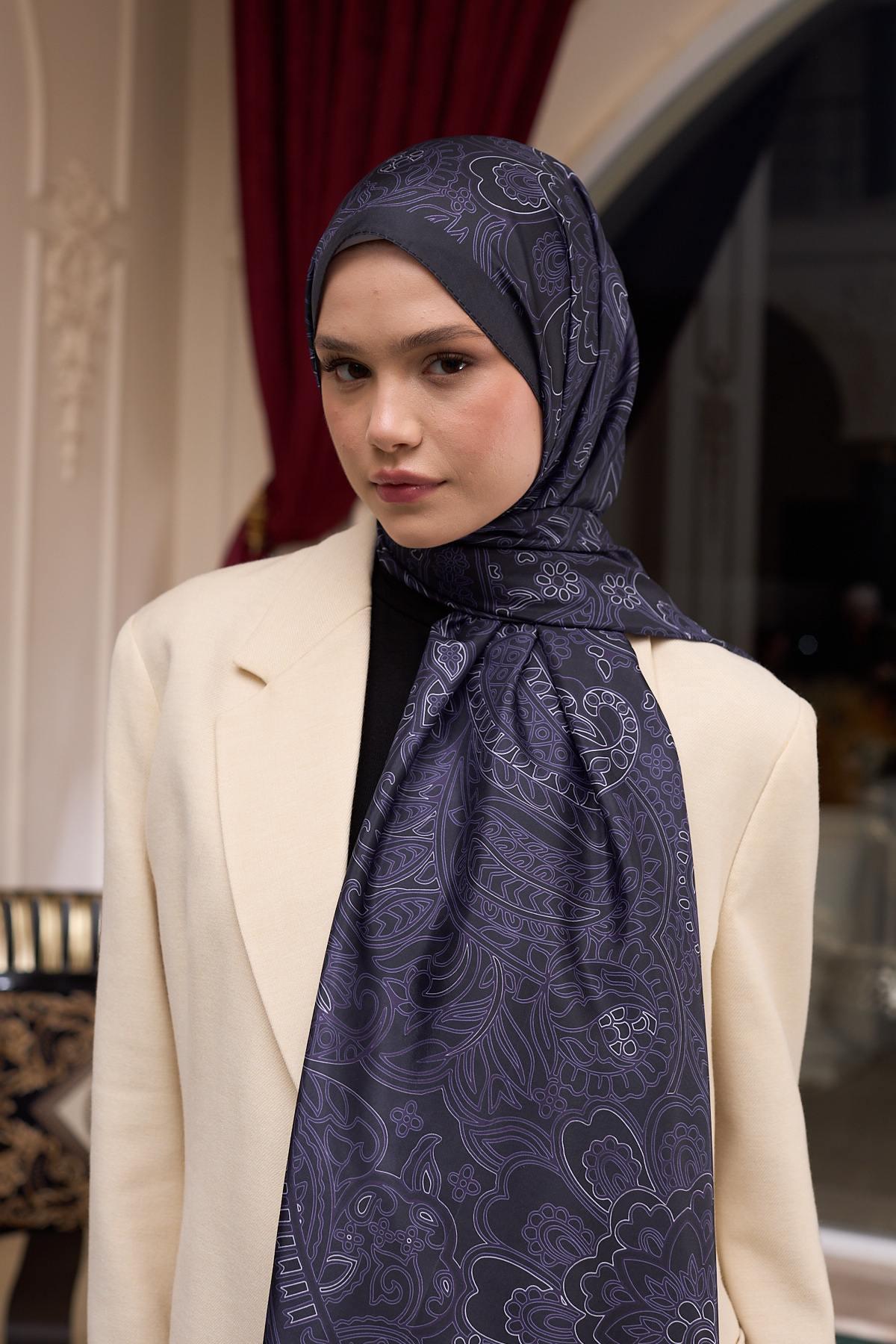 Desenli Vual Şal Siyah Mor Vual İpek Şal -  9803-25