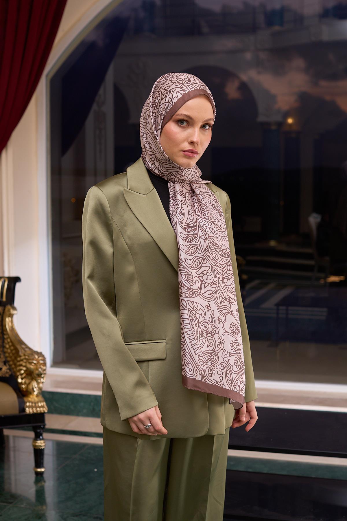 Desenli Vual Şal Sütlü Kahve Krem Vual İpek Şal -  9803-28