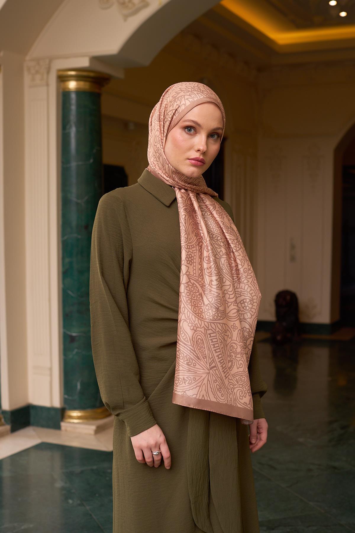 Desenli Vual Şal Sütlü Kahve Vual İpek Şal -  9803-27