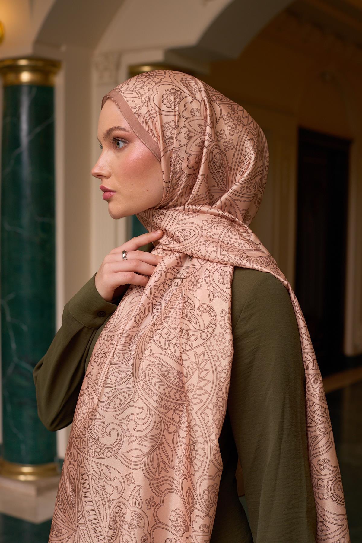 Desenli Vual Şal Sütlü Kahve Vual İpek Şal -  9803-27