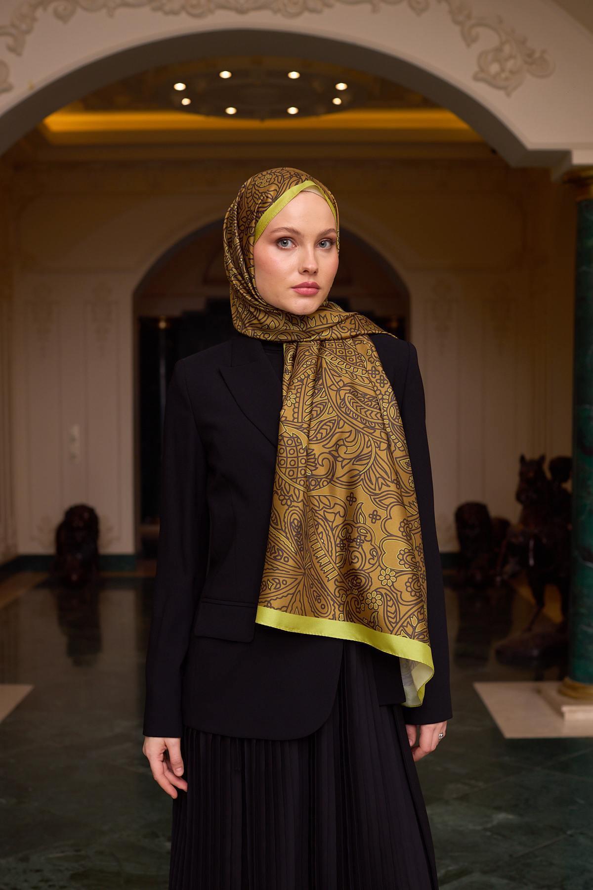 Desenli Vual Şal Yağ Yeşili Vual İpek Şal -  9803-30