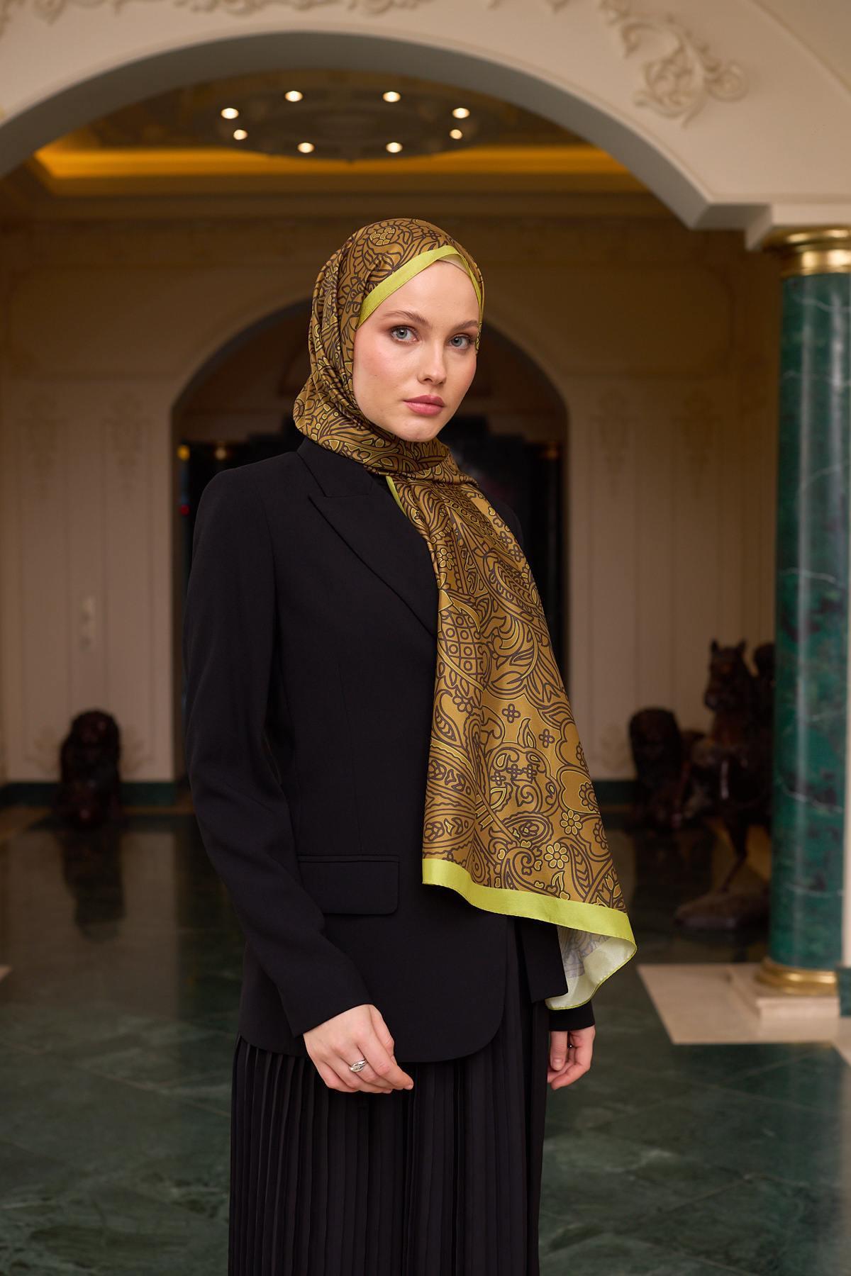 Desenli Vual Şal Yağ Yeşili Vual İpek Şal -  9803-30