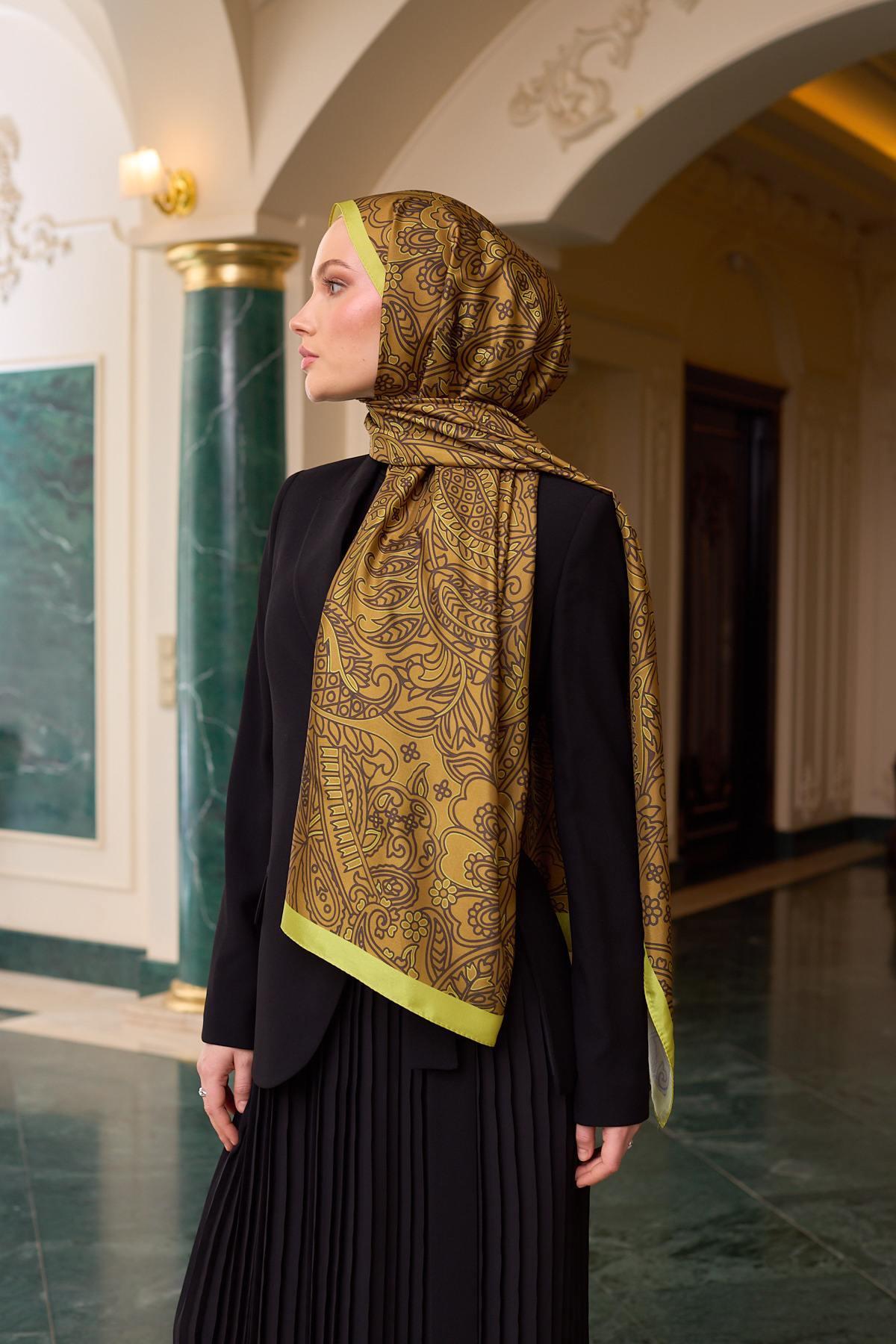 Desenli Vual Şal Yağ Yeşili Vual İpek Şal -  9803-30