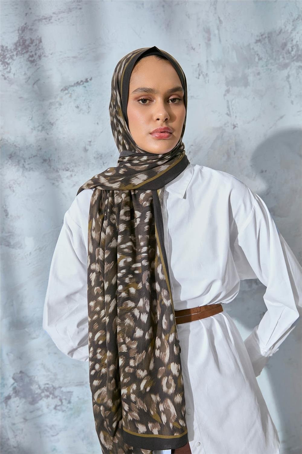Eco Viscose Leopar Şal Haki Nefes Alan Dokulu 90x2